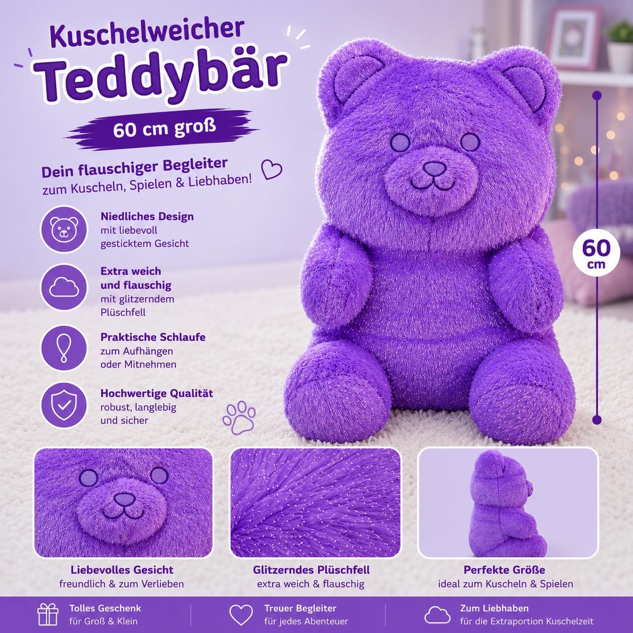 BEMIRO Glitzer Teddybär Plüschtier XXL 60 cm mit Aufhängeschlaufe (Lila) | Glänzende Oberfläche, Gesticktes Design, Blau, Grün oder Lila, Weich & Kuschelig, Langlebige Optik