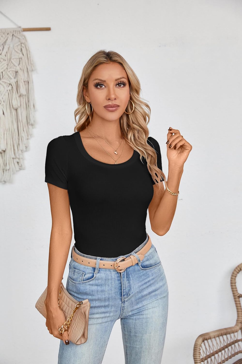 Areecin Womens Summer Tops Square Neck Cute Short Sleeve Going Out Tops Ribbed Knit Tee Tshirt - Image 3