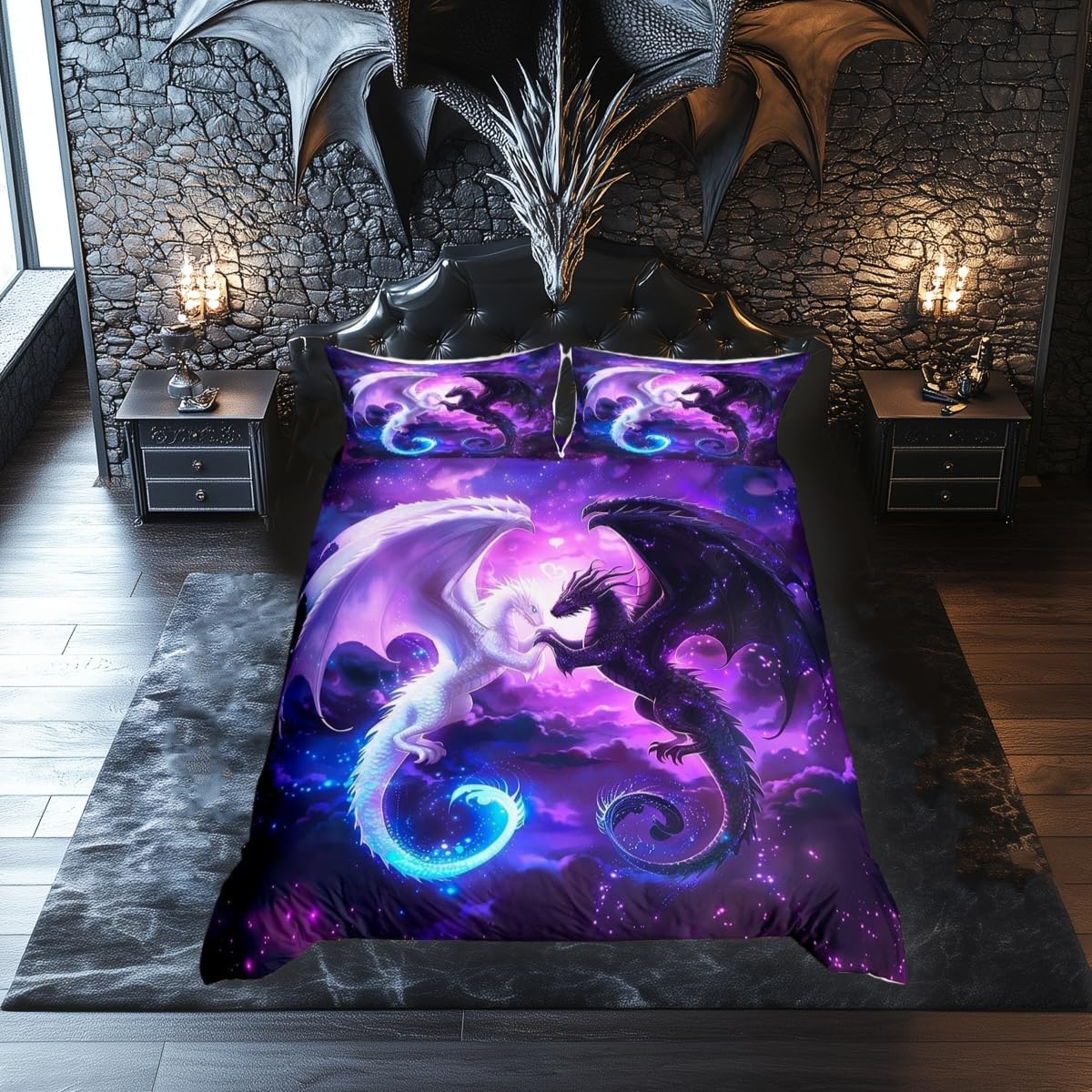 Black White Dragon Duvet Cover Super King Size,Nebula Star Glitter Bedding Set for Kids Teens Couple Adults Room Decor,Western Magical Wildlife Animal Comforter Cover 2 Pillowcases,No Comforter