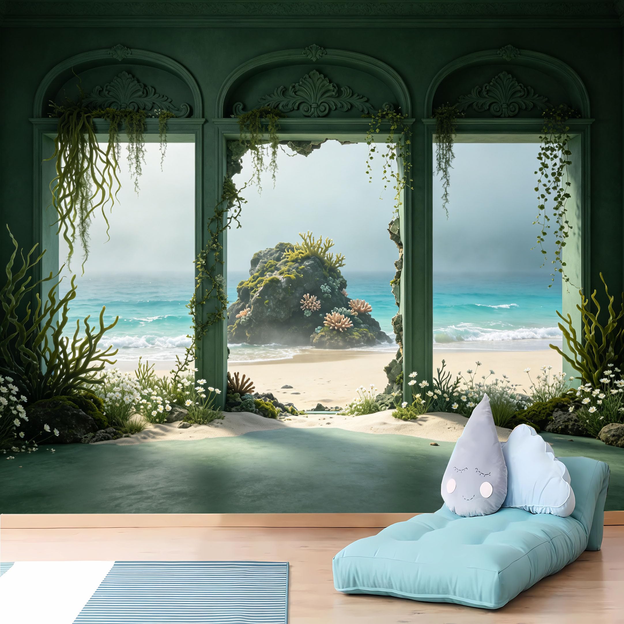 Custom Size Wall Murals,Tropical Beach Ocean View from Green Arched Windows Wall Murals,Wall Stickers,Self-Adhesive Removable Wallpaper for Living Room