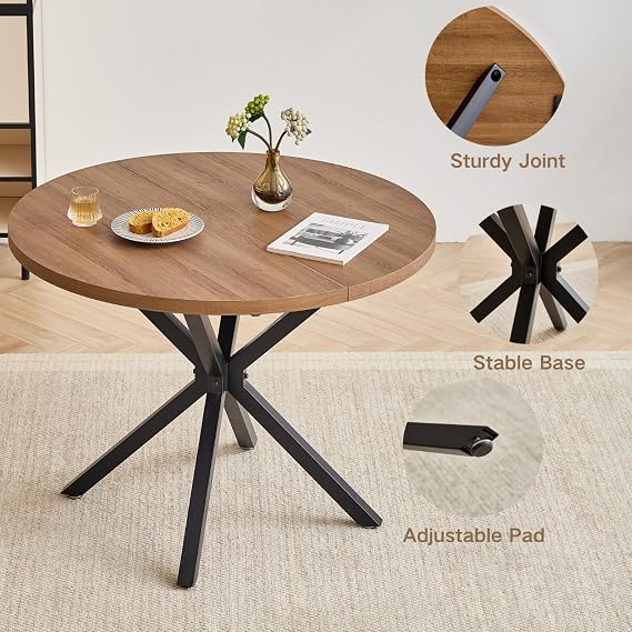 Round Dining Table Set for Kitchen Apartment | 4 corduroy chairs, Wood grain finish, Thickened tabletop, Crossed legs, sturdy, for small spaces