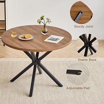 Round Dining Table Set for Kitchen Apartment | 4 corduroy chairs, Wood grain finish, Thickened tabletop, Crossed legs, sturdy, for small spaces