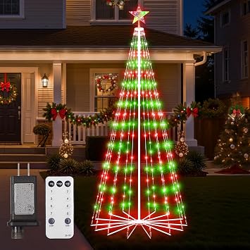 Christmas Cone Tree Light, 7ft 295 LED Light Show Christmas Tree with 8 Modes Timer Remote, Dimmable Artificial Christmas Tree for Porch Yard Patio Indoor Outdoor Xmas Holiday Decor, Red & Green