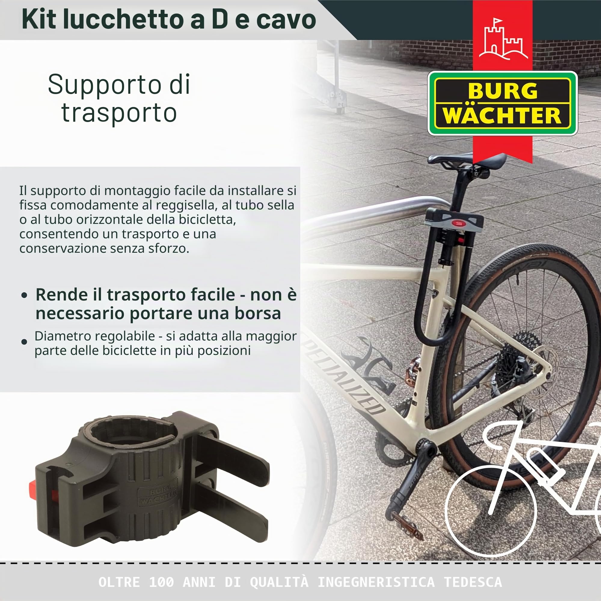 Burg Wächter 1600HB 1600 HB KIT Gold Sold Secure, lucchetto a D per bicicletta, nero, cavo largo 2,1 m