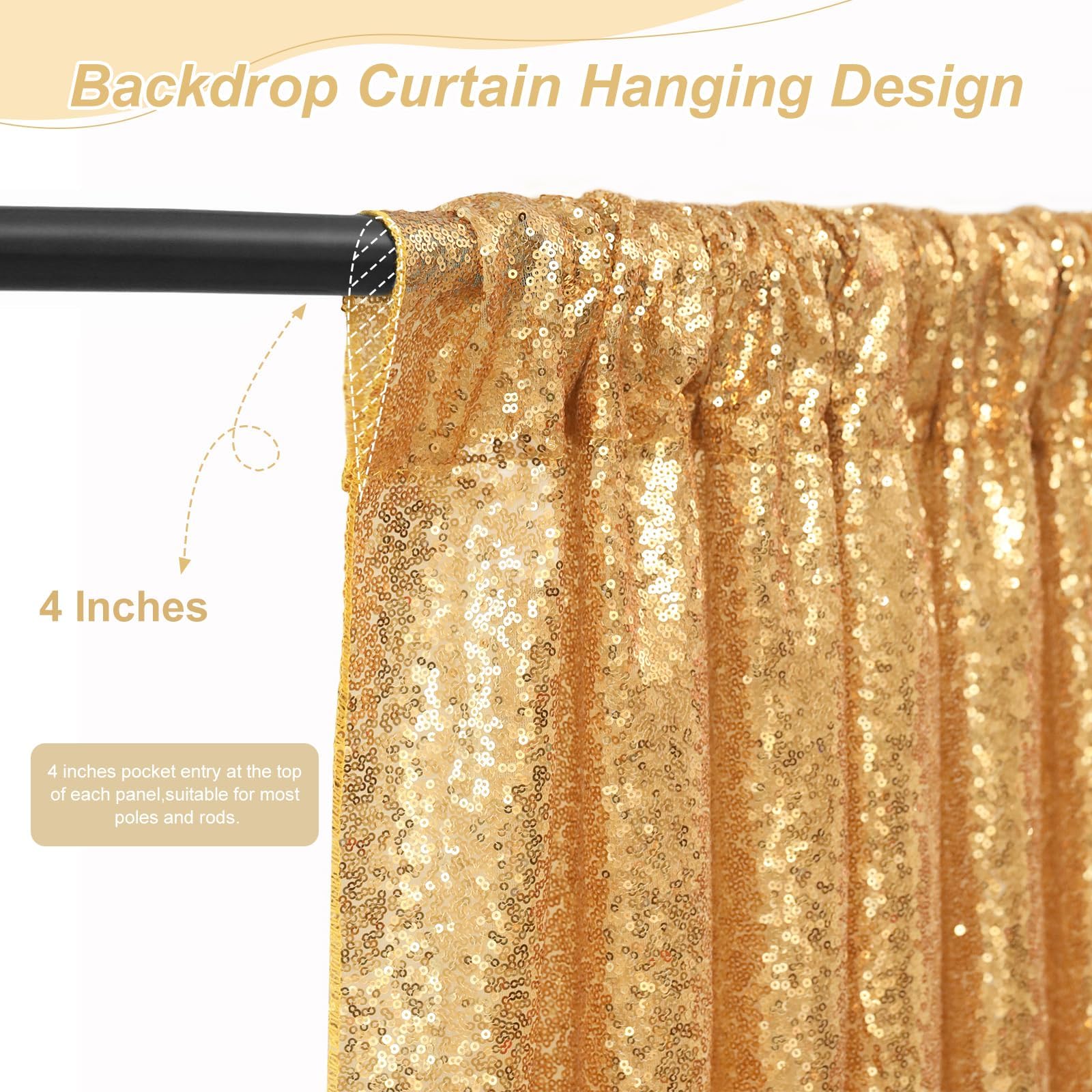 2 Pieces Gold Sequin Backdrop Curtain Panels Stage 2FTx8FT Party Wedding Background Drapes — view 2