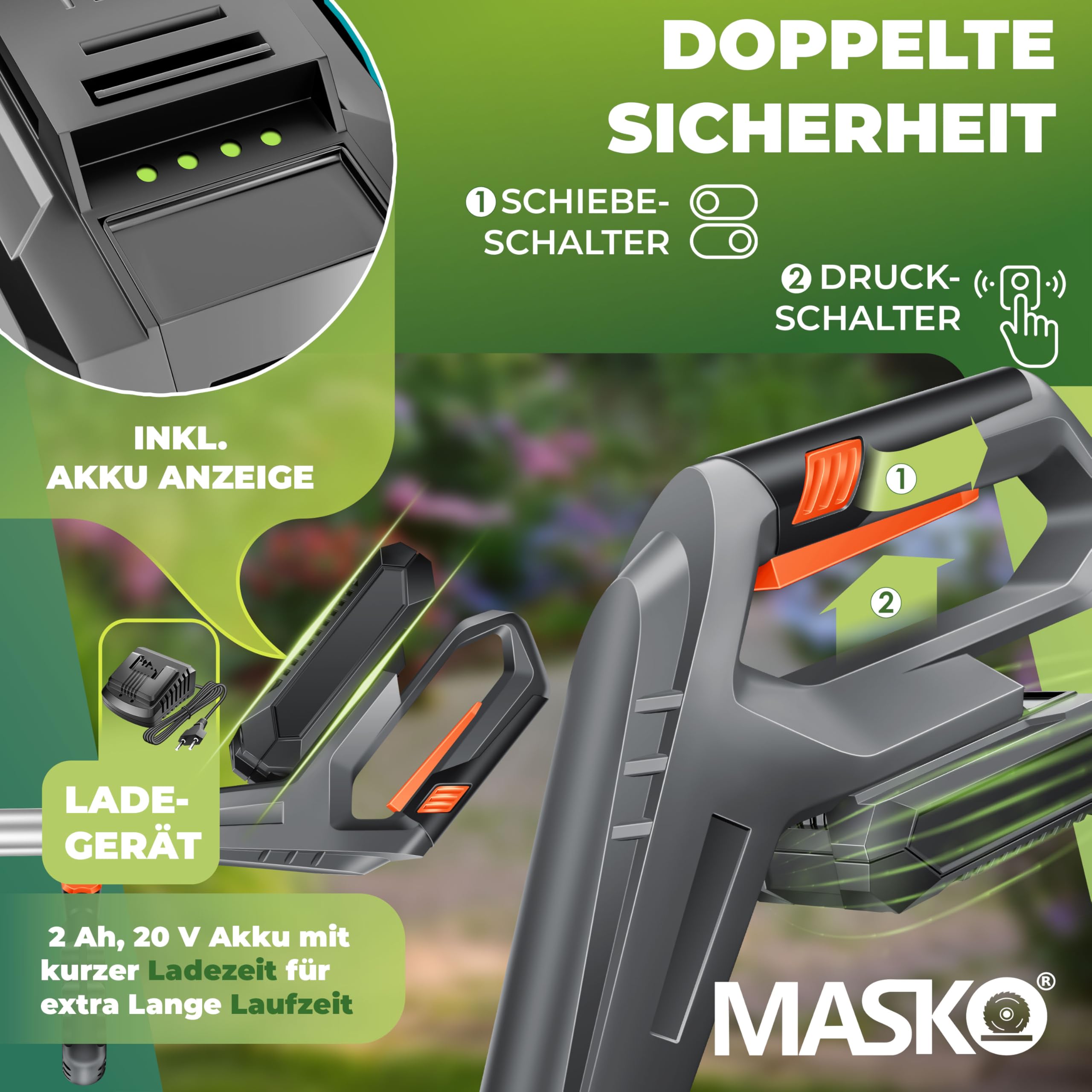 Débroussailleuse sans Fil MASKO® avec Batterie Li-ION 20 V, Batterie 2,0 Ah et Chargeur, Largeur de Coupe 260 mm, Angle de Coupe 180°, Manche télescopique et poignée supplémentaire + Accessoires