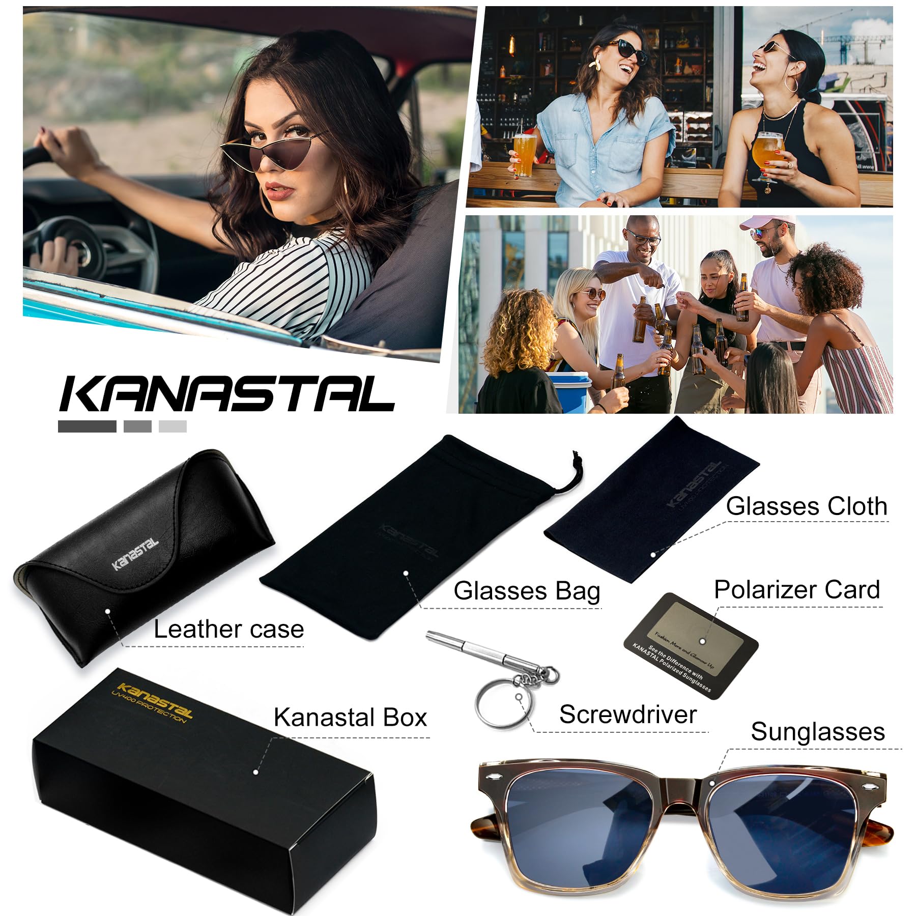 KANASTAL Gafas de Sol Polarizadas Acetato Premium Unisex, Lentes TAC de 9 Capas UV400, Categoría 3, con Estuche de Cuero