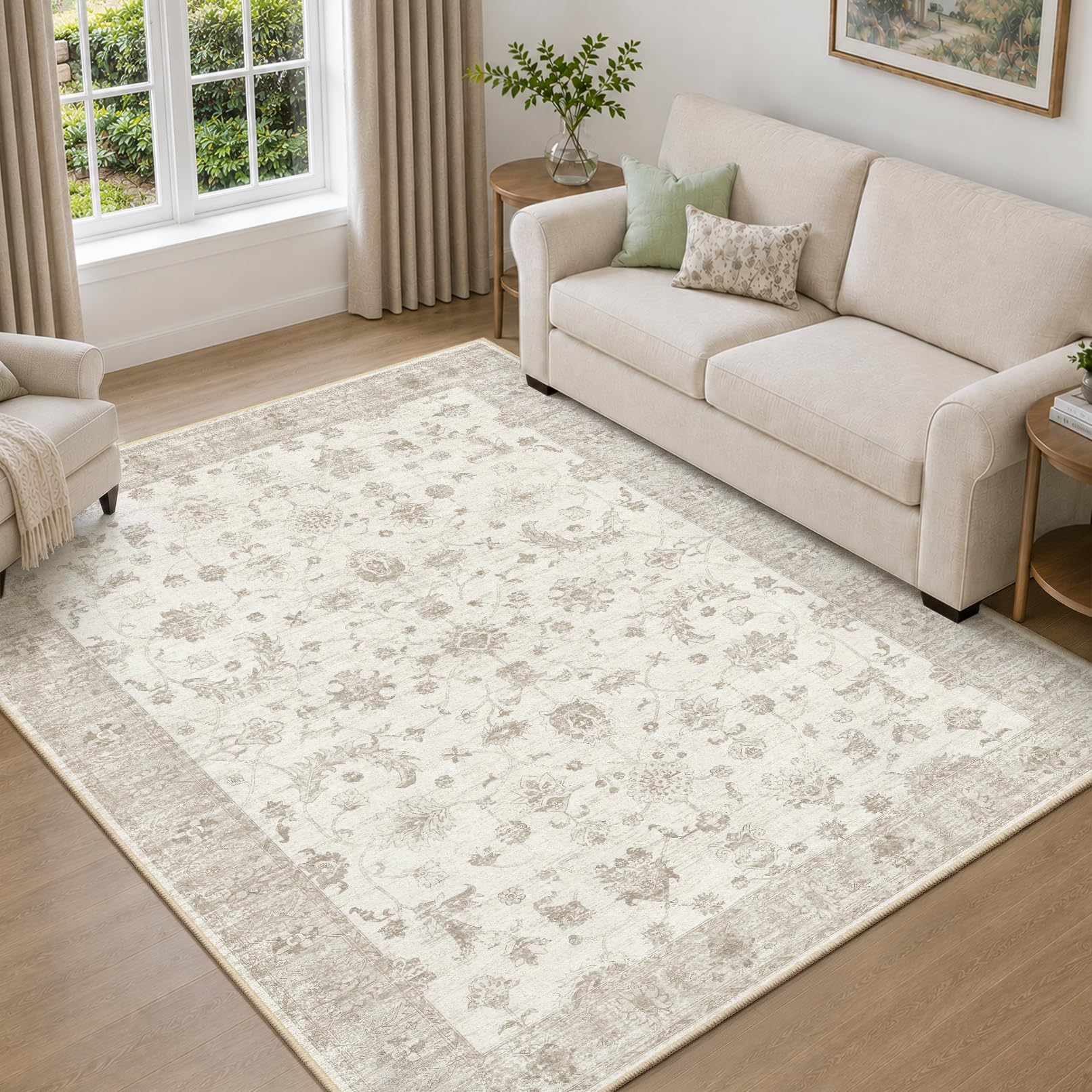 INOVADAY Washable Rug Living Room 140x200cm Non Slip Low Pile Vintage Boho Area Rug for Hall Lounge Bedroom Kitchen Office Dining Room Indoor Hallway Beige