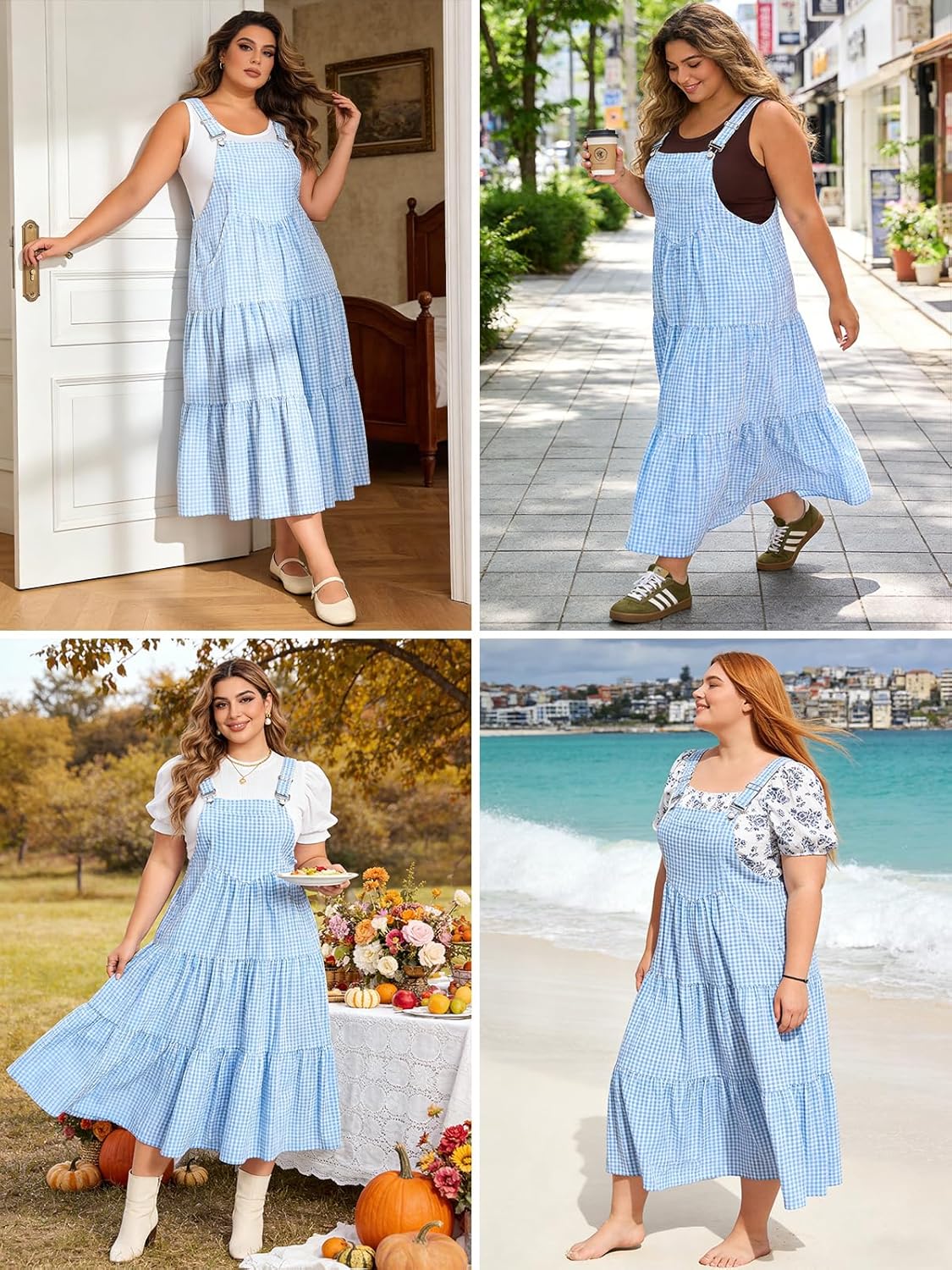Moon Wood Women Plus Size Plaid Overall Dress with Pockets Adjustable Strap Jumper Dress Summer Casual Tiered Maxi Dress