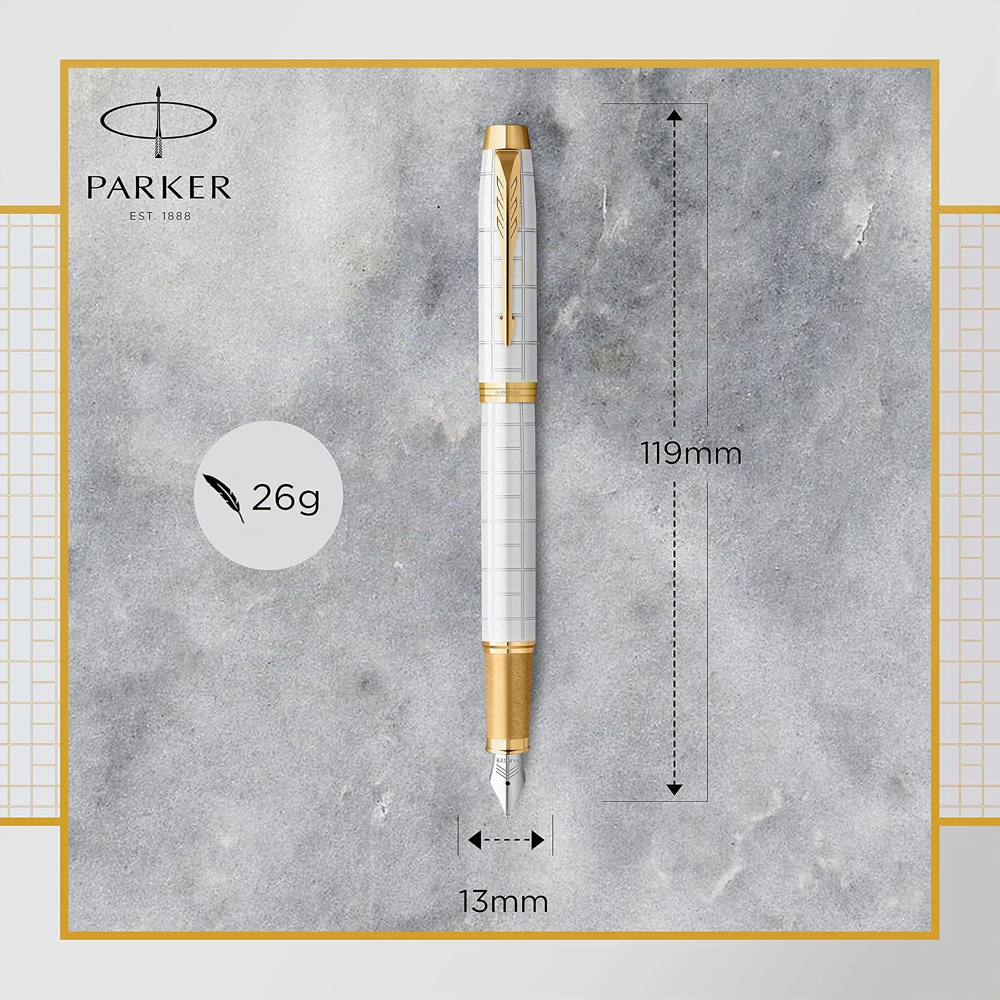 Parker IM stylo plume | Laqué perle Premium avec attributs dorés | Pointe moyenne avec cartouche d’encre bleue | Coffret cadeau