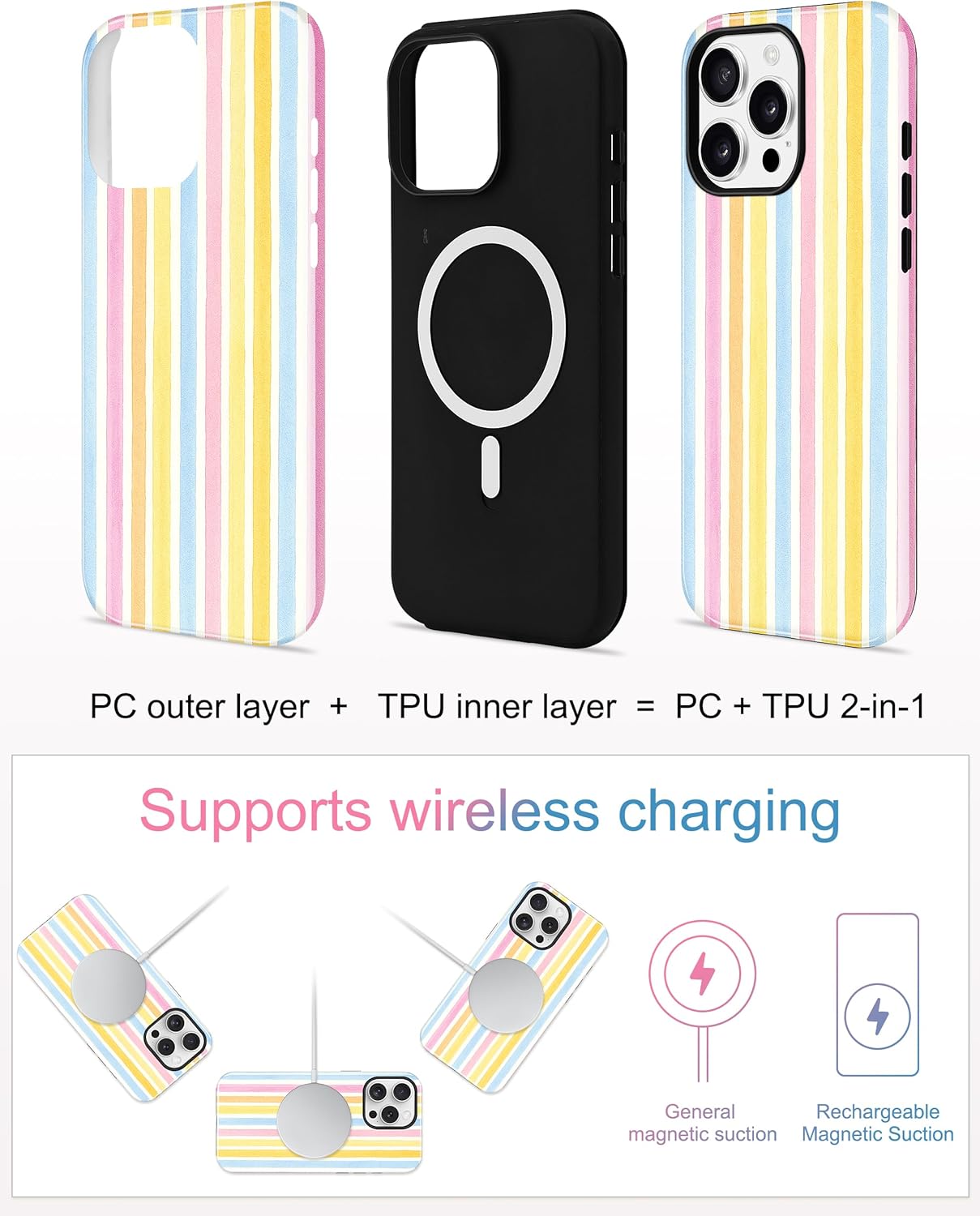 Jusy Compatible with MagSafe Striped Phone Case for iPhone 13 Pro Max, Cute Aesthetic Rainbow Magnetic Soft TPU and Hard PC Protective Phone Cover for Women Girls（Matte） - Rainbow - Image 2