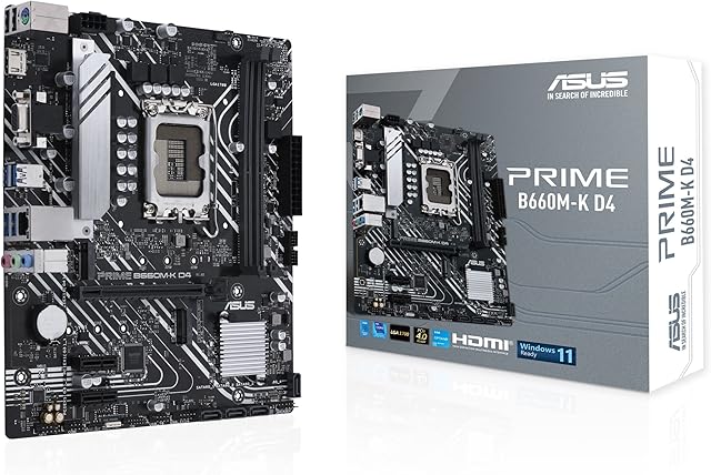 ASUS Prime B660M-K D4 Intel® B660 LGA 1700 mATX motherboard with PCIe 4.0, two M.2 slots, DDR4, Realtek 1Gb Ethernet, HDMI® , D-Sub front USB 3.2 Gen 1, Asus Lighting Control