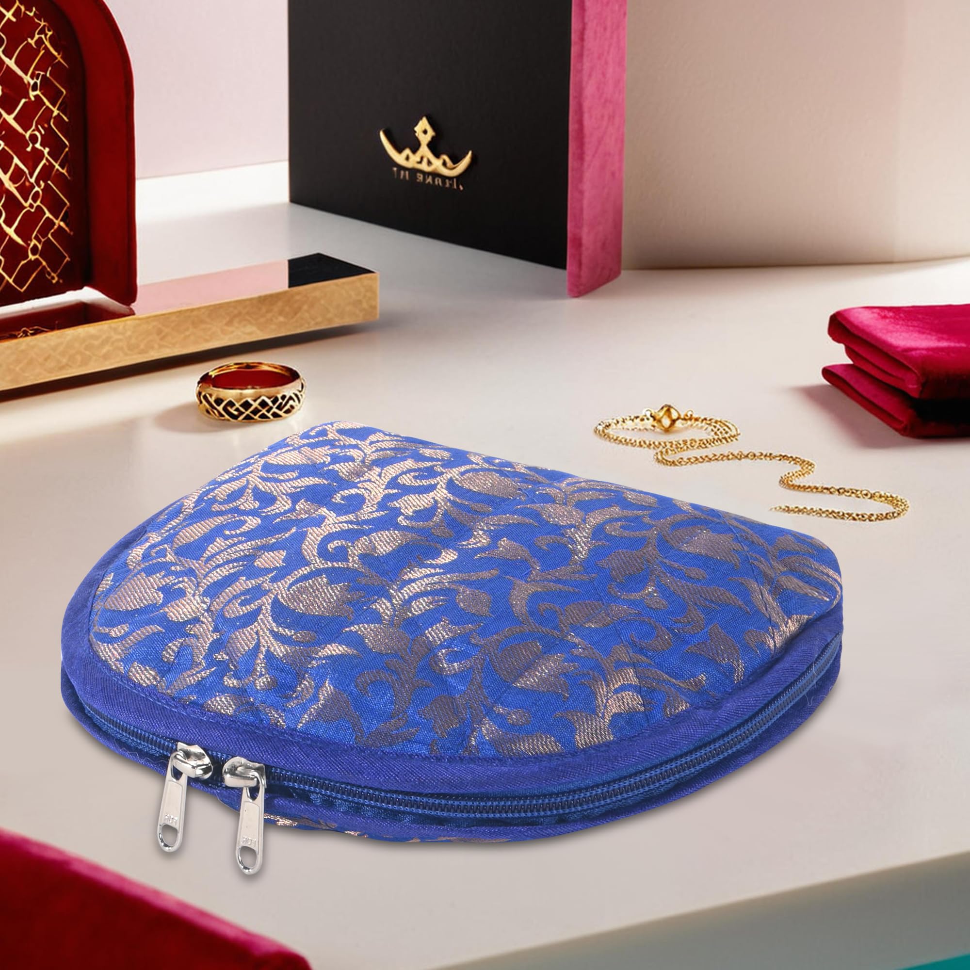 Kuber Industries Polyester Makeup Pouch Bag with 5 Compartments | Jewellery Organisers Pouch for Storage Earrings, Rings and Bracelet | Jama D Design - Blue
