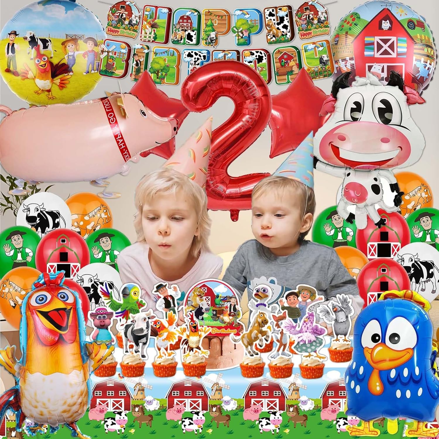 Farm Theme Birthday Decorations, Party Decorations, Birthday Party Supplies, Banner, Balloons, Tablecloth, Cupcake Toppers, Large Cake Decorations, Table Cover (2 year old) - Image 5