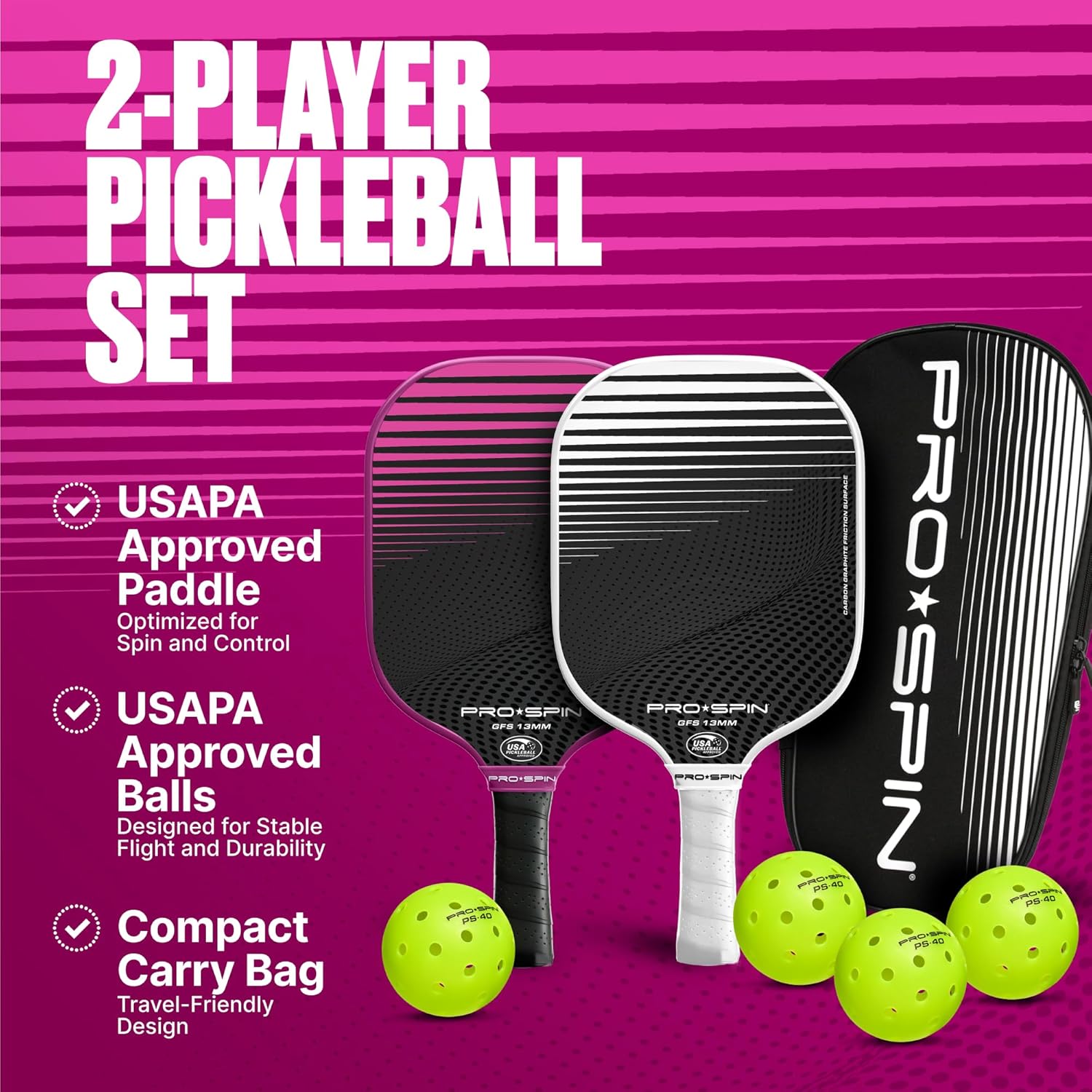 PRO-SPIN Carbon Fiber Pickleball Paddles Set of 2 | Lightweight Pickleball Set with Indoor/Outdoor Balls and Bag – Durable Pickle Ball Paddle Gift for Men, Women & Families - Image 2