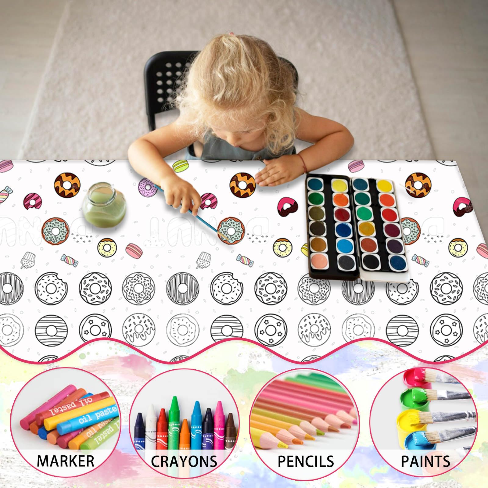 Giant Donut Coloring Poster - 71" X 31.5" Kids Activity Tablecloth With Games For Parties & Classrooms