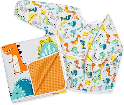 URBANSTREAM Nursing & Feeding,Tableware,Placemats URBANSTREAM 2-in-1 Waterproof Baby Splat Mat for Under High Chair + Baby Bib with Sleeves, Splash Mat Washable, Extra Large (51'' x 51''), Dinosaurs Design (NU0019)