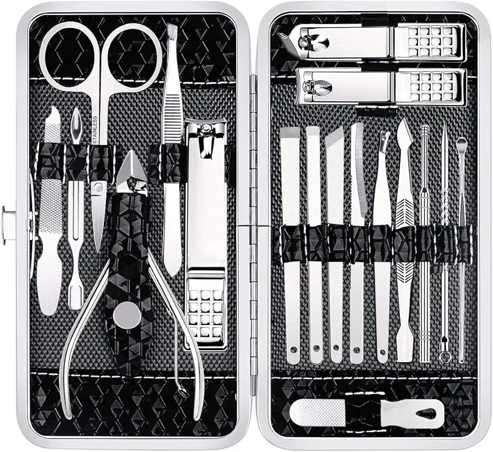 Conjunto de cortadores de unhas e unhas dos pés, kit de manicure e pedicure, 18 peças de kits de cuidados profissionais de aço inoxidável, ferramentas de cuidados com as unhas com estojo de viagem