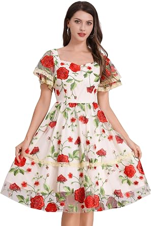 Womens Flower Embroidery Tulle Prom Dresses Ruffle Sleeve Square Neck Tulle Prom Dress Knee Length Cocktail Tea Dress