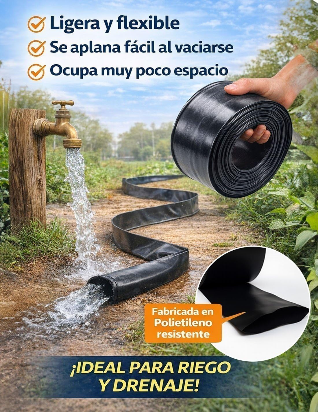 JARDIN202 - Manguera Plana Plastocanal Negra 2000 Galgas | Resistente | Riego por Gravedad y Trasvase | Agricultura | Rollos 50m y 100m | Rollo 50 metros (300 mm)