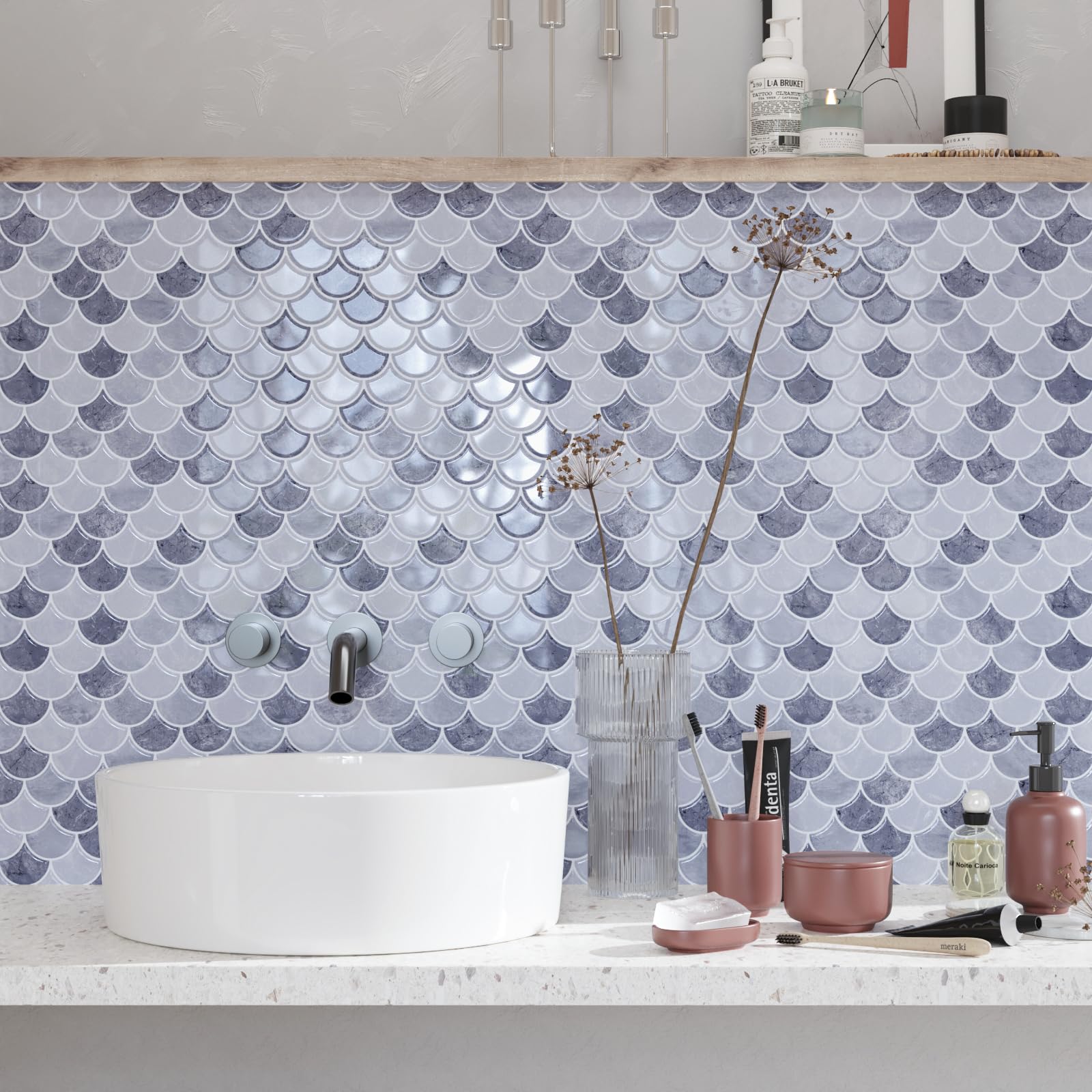 CRE8TIVE Azulejos Adhesivos Azul Gris 16 Piezas Cenefa Adhesiva Cocina Efecto Marmol Forma de Abanico Baldosas Adhesivas Pared Mosaico Azulejos Adhesivos Cocina Lavadero Escaleras 30.5cm x 30.5cm