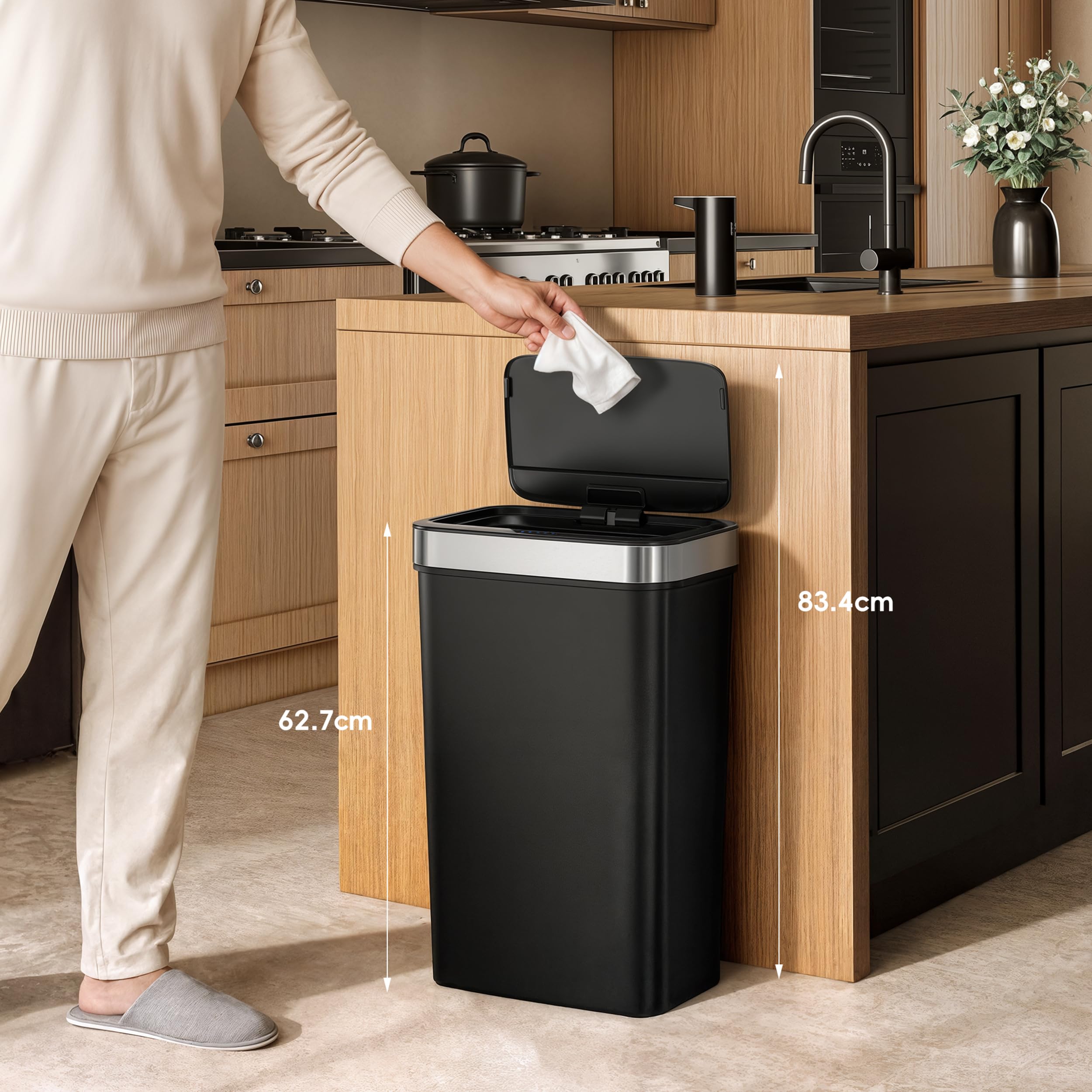 EKO Hana Deluxe 50L Mülleimer mit Sensor, Automatischer Mülleimer Küche, rechteckiger Bewegungssensor Abfalleimer, Soft Closing Deckel, fingerabdruckfrei, elektrischer Mülleimer, Schwarz, Kunststoff