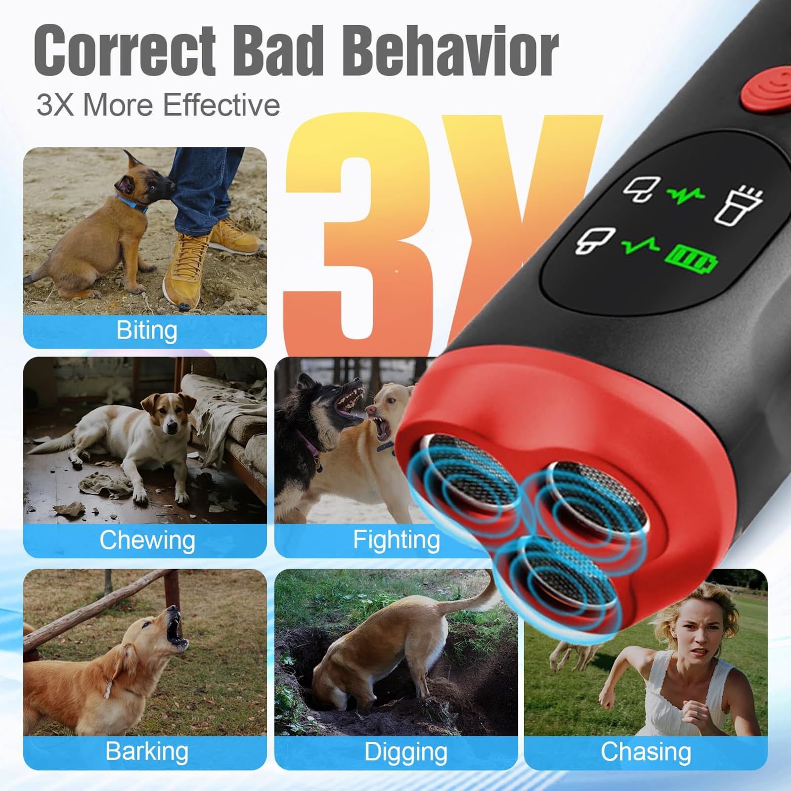 Dispositivo antiladridos para perros, disuasorio ultrasónico de ladridos de perro, alcance de 35 pies, dispositivo de control de ladridos recargable con pantalla HD y linterna LED, seguro