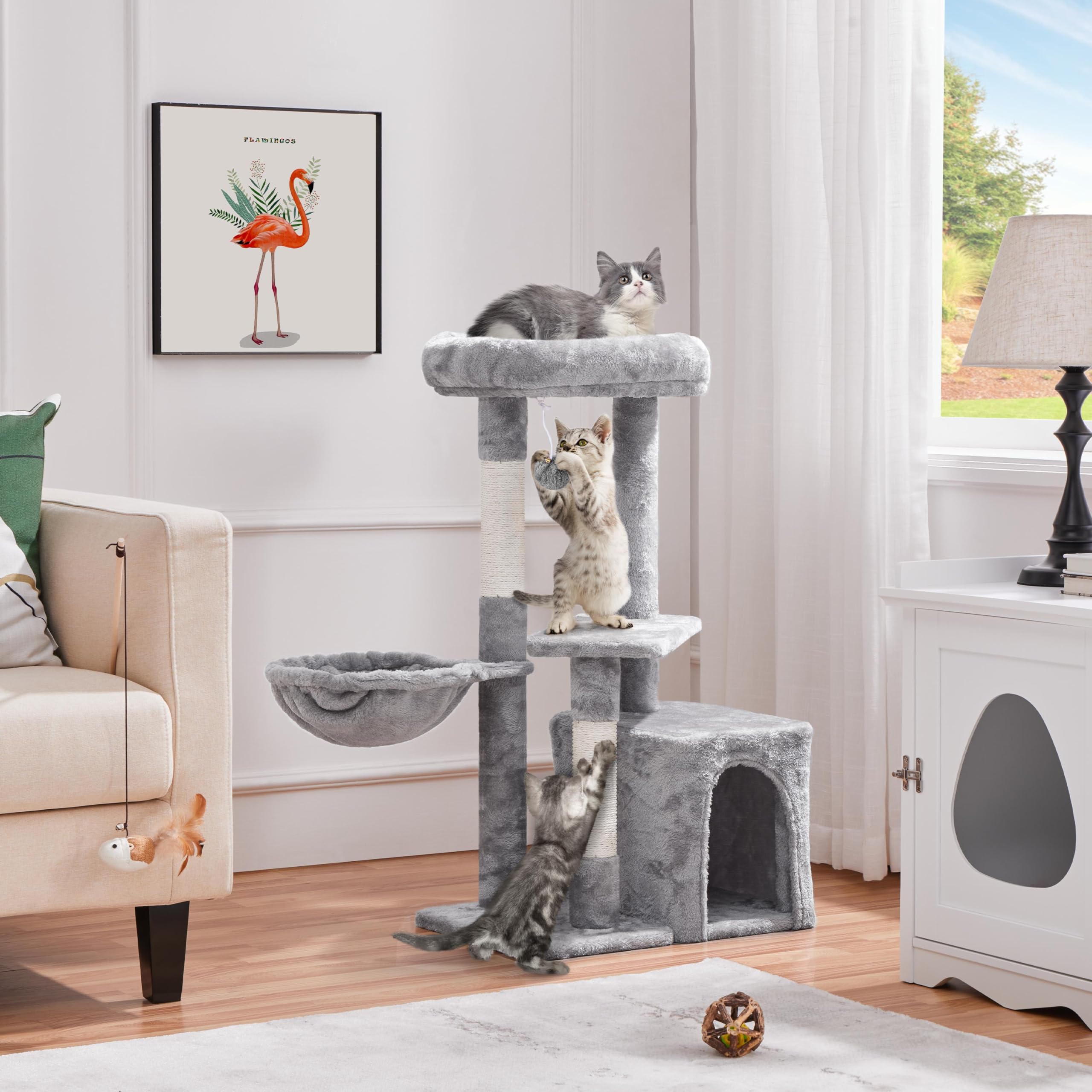 Yaheetech Árbol Rascador para Gatos con Poste Cesta Cuerda de Agarre 50x34.5x87 cm Castillo Torre para Gatos Gris Claro
