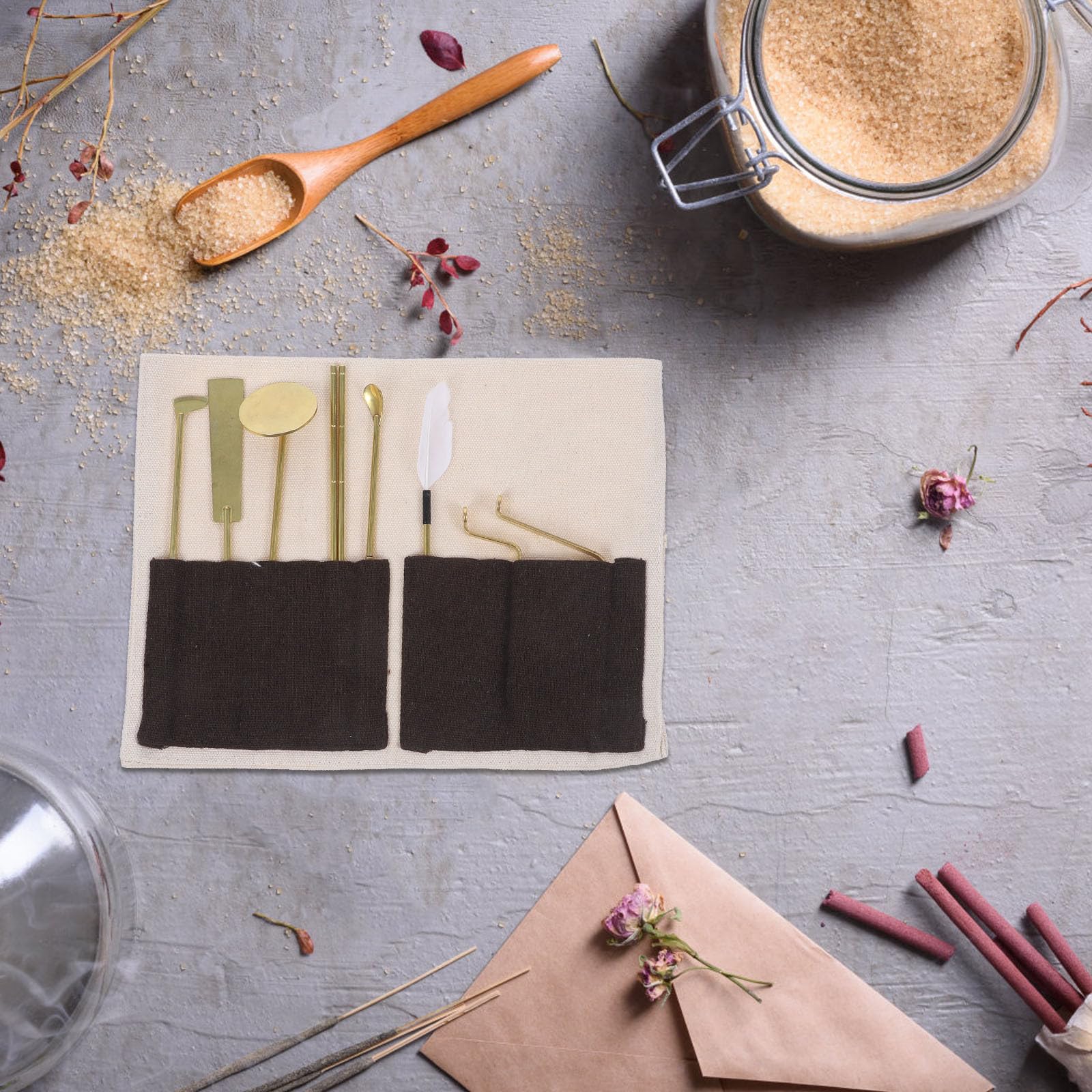 Set di 7 Pezzi Strumenti in Ottone per Incenso Borsa, Accessori Decorativi Facili da Usare per Meditazione e Aromaterapia in Soggiorno e Bagno