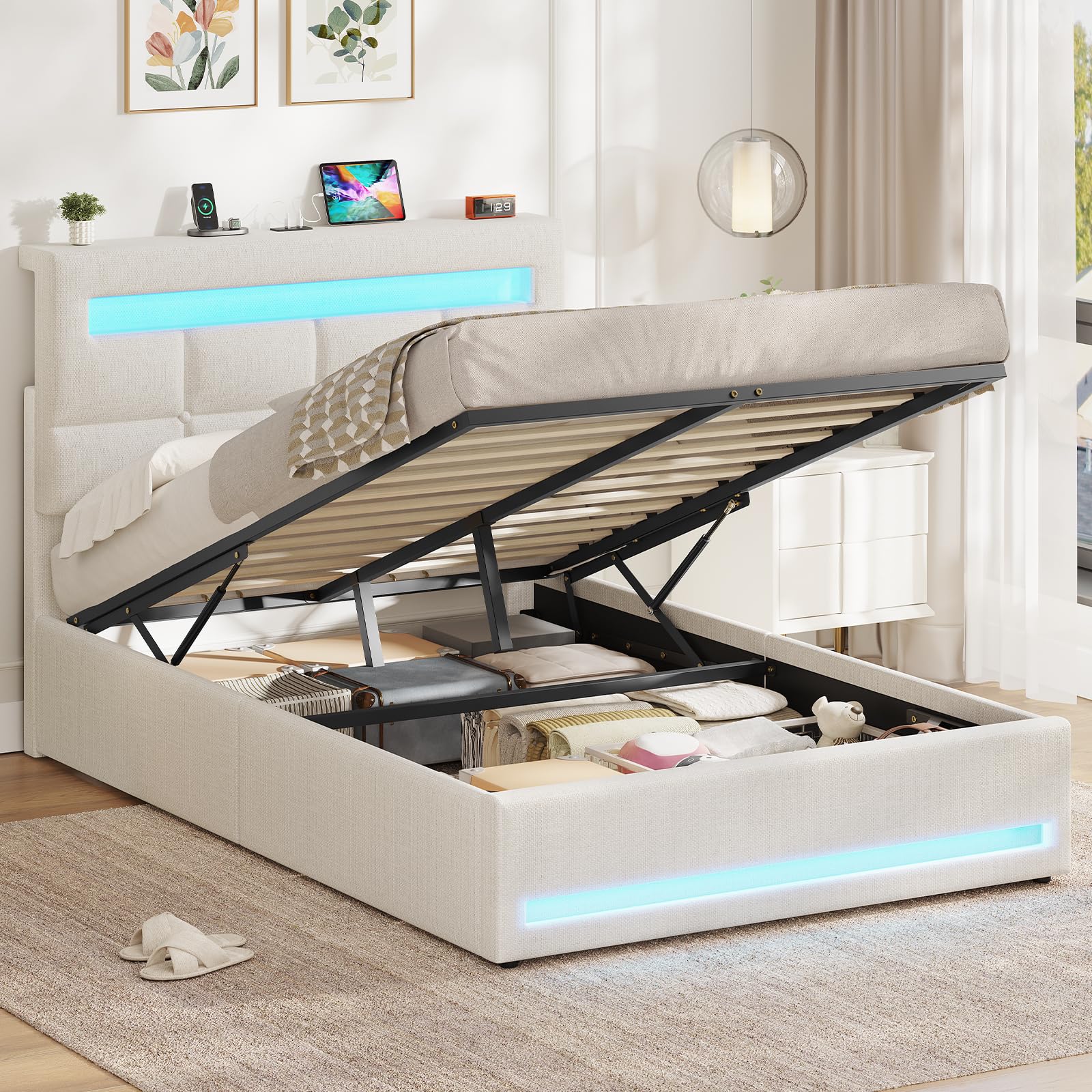 AOGLLATI 3ft Single Bed Frame 90×190 cm with Charging Station & LED Lights, Single Ottoman Bed with Under-bed Storage and Storage Headboard, No Box Spring Needed, Ottoman Storage Bed Off-white Linen