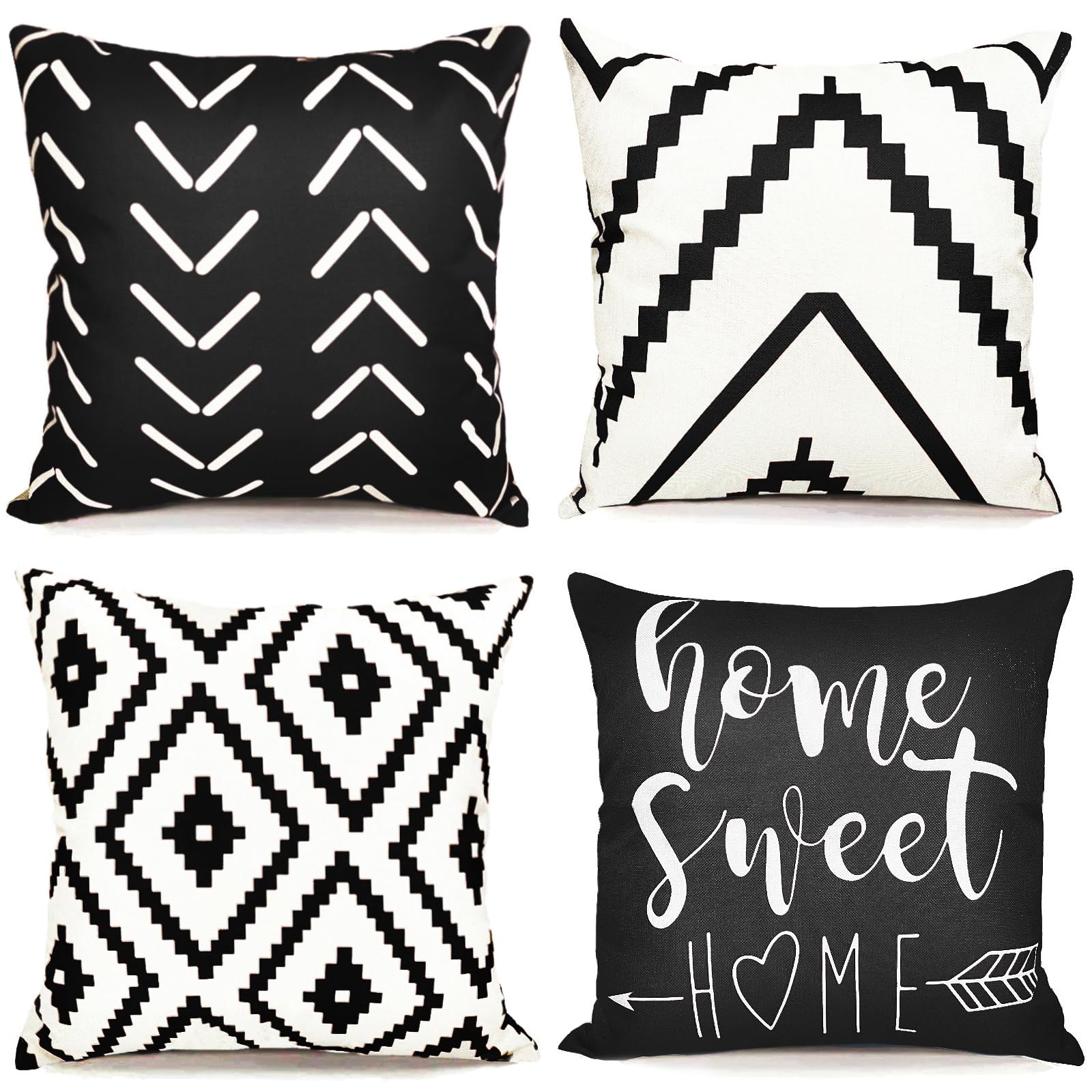 RYSMIYOU Decorative Throw Pillow Covers 18x18 inch Set of 4 Black White Pillow Covers for Couch Sofa Bed Living Room,Farmhouse Outdoor Throw Pillow