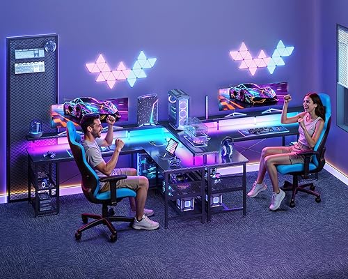 Miniatura 50 de ODK Escritorio para juegos en forma de L de 66 pulgadas con toma de corriente y luces LED, mesa de juegos de PC con textura de fibra de carbono,