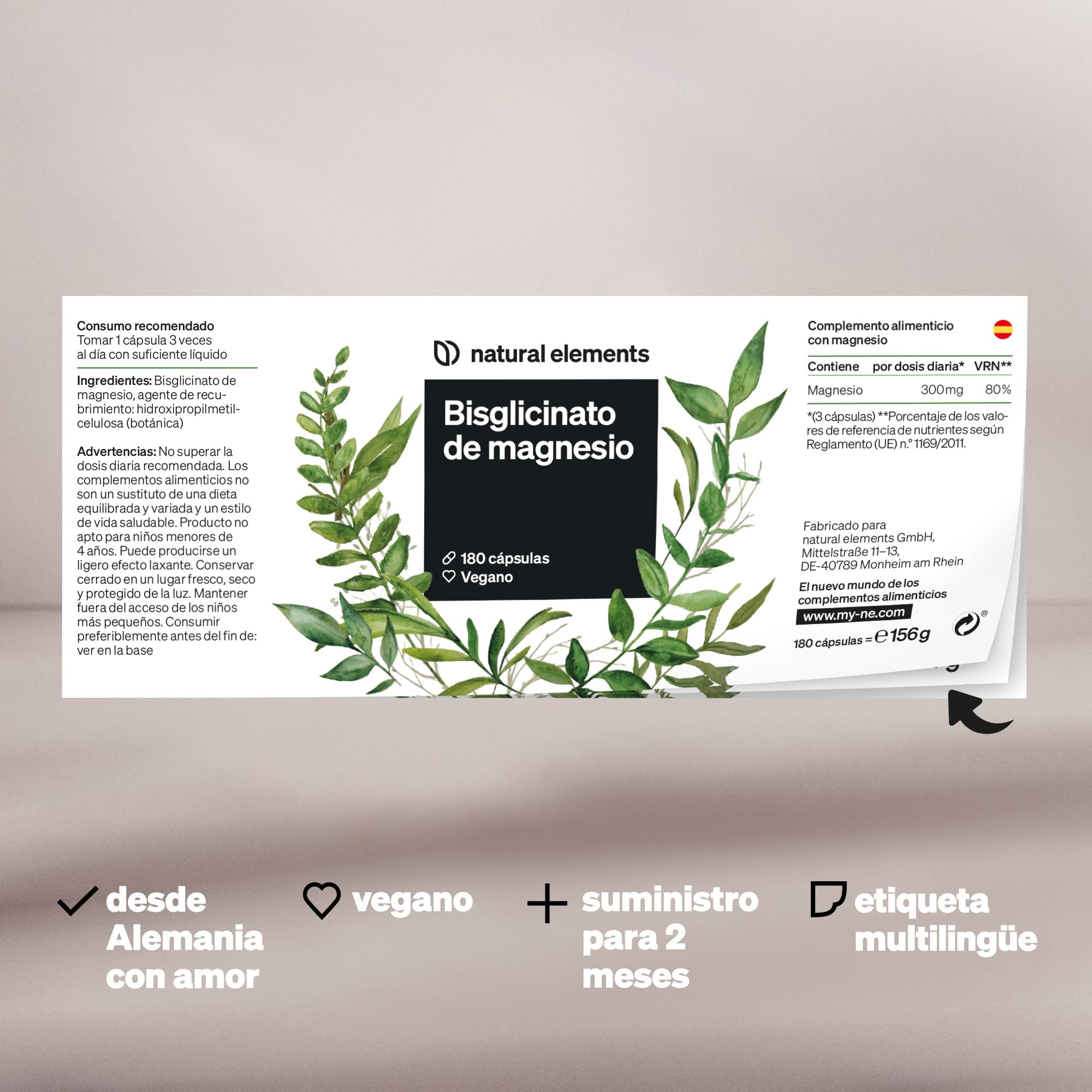 Glicinato de magnesio - 300 mg de magnesium elemental/dosis diaria - suministro para 2 meses con 180 cápsulas - magnesio quelado - inocuo para el estómago, vegano, de alta dosificación