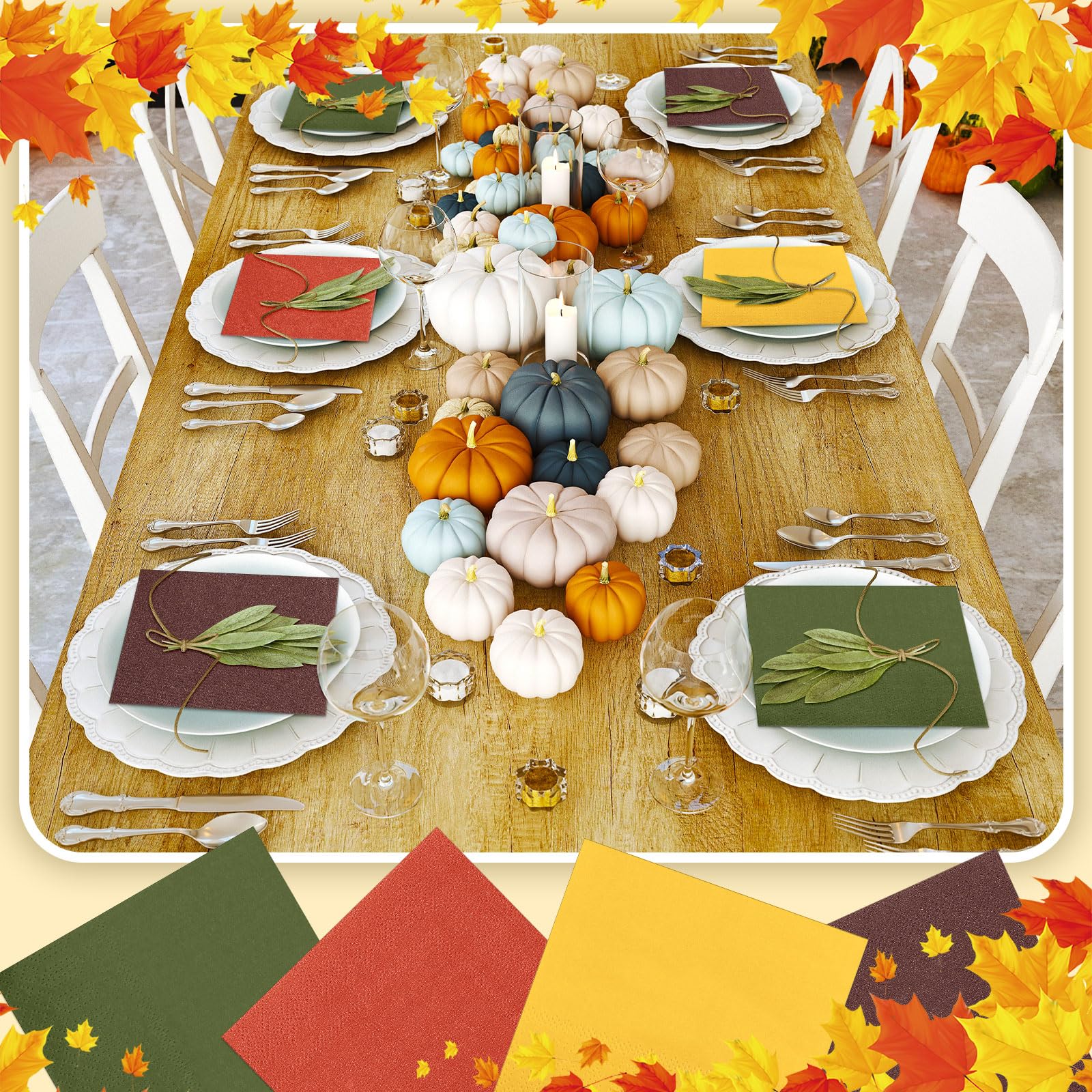 120 servilletas de papel de Acción de Gracias y otoño, servilletas de color naranja y amarillo, desechables para cosecha de otoño, suministros de fiesta, servilletas de cena de Navidad