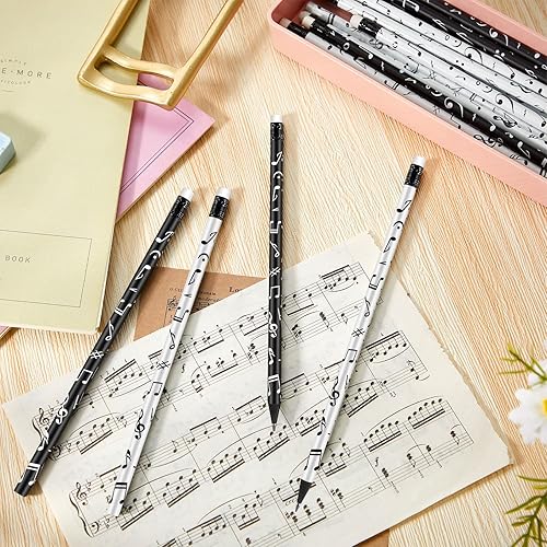 Miniatura 5 de Lápices de notas musicales, lápices con temática musical, lápices musicales para niños, lápices musicales redondos, blancos y negros, lápices de