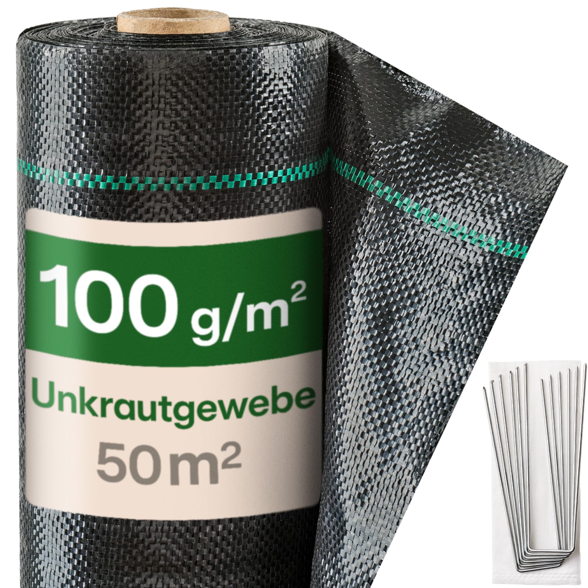 Praknu 50m² Anti Unkrautgewebe 100g/m² mit 24 Erdanker - Wasserdurchlässig & Extra Reißfest - Leicht zu Verlegen - UV Beständige Bändchengewebe - Ideal für Mulch und Kies