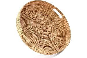 HITOMEN Rattan Serving Tray - Woven Round Trays with Handles for Coffee Table
