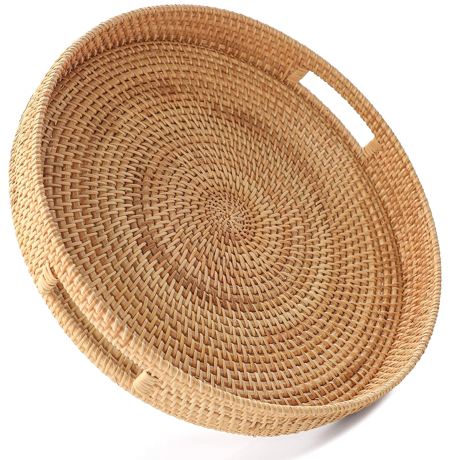 HITOMEN 11.8" Hand-Woven Round Rattan Serving Tray Decorative Wicker Trays with Handles for Coffee Table (Natural-M)