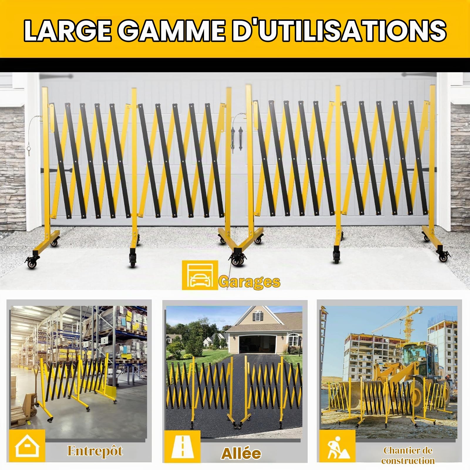 Barrière de Sécurité Rétractable 3m, 1.5 m H Barriere Extensibleen en Acier, Barrière à Ciseaux avec Cadenas et Roues Verrouillables, Identification de Sécurité pour Parking Maison Chantier, Jaune