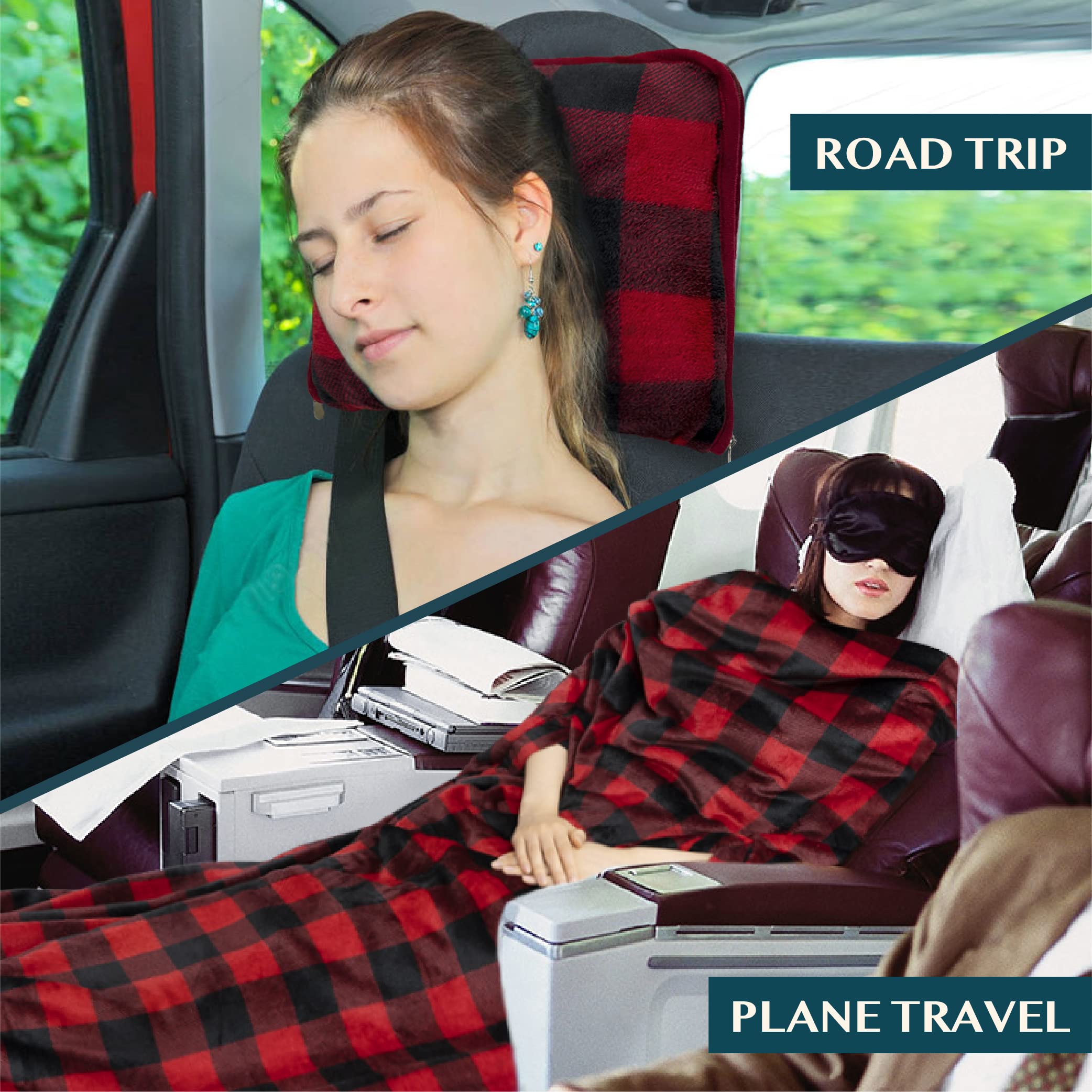 PAVILIA Coperta da viaggio e cuscino, coperta per aereo, per adulti, compatta, con foro per il braccio, borsa 2 in 1 per aereo, auto, campeggio, bagaglio, zaino, regalo da viaggiatore, rosso a scacchi