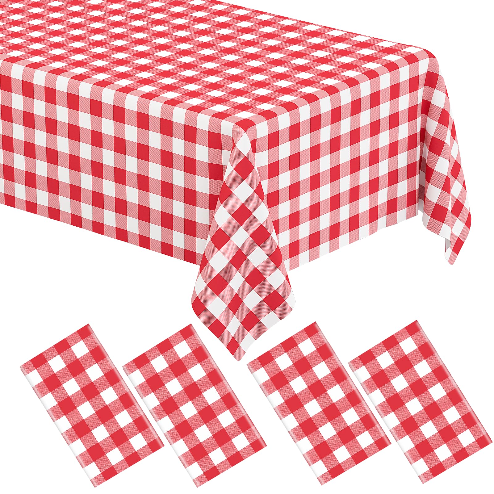 WNINK 4 Pack Red Gingham Tablecloth Rectangular Red and White Checkered Tablecloths Disposable Plastic Red Plaid Table Cover for Parties, Christmas, Outdoor Picnic, Birthday, Wedding, Camping 54 × 108