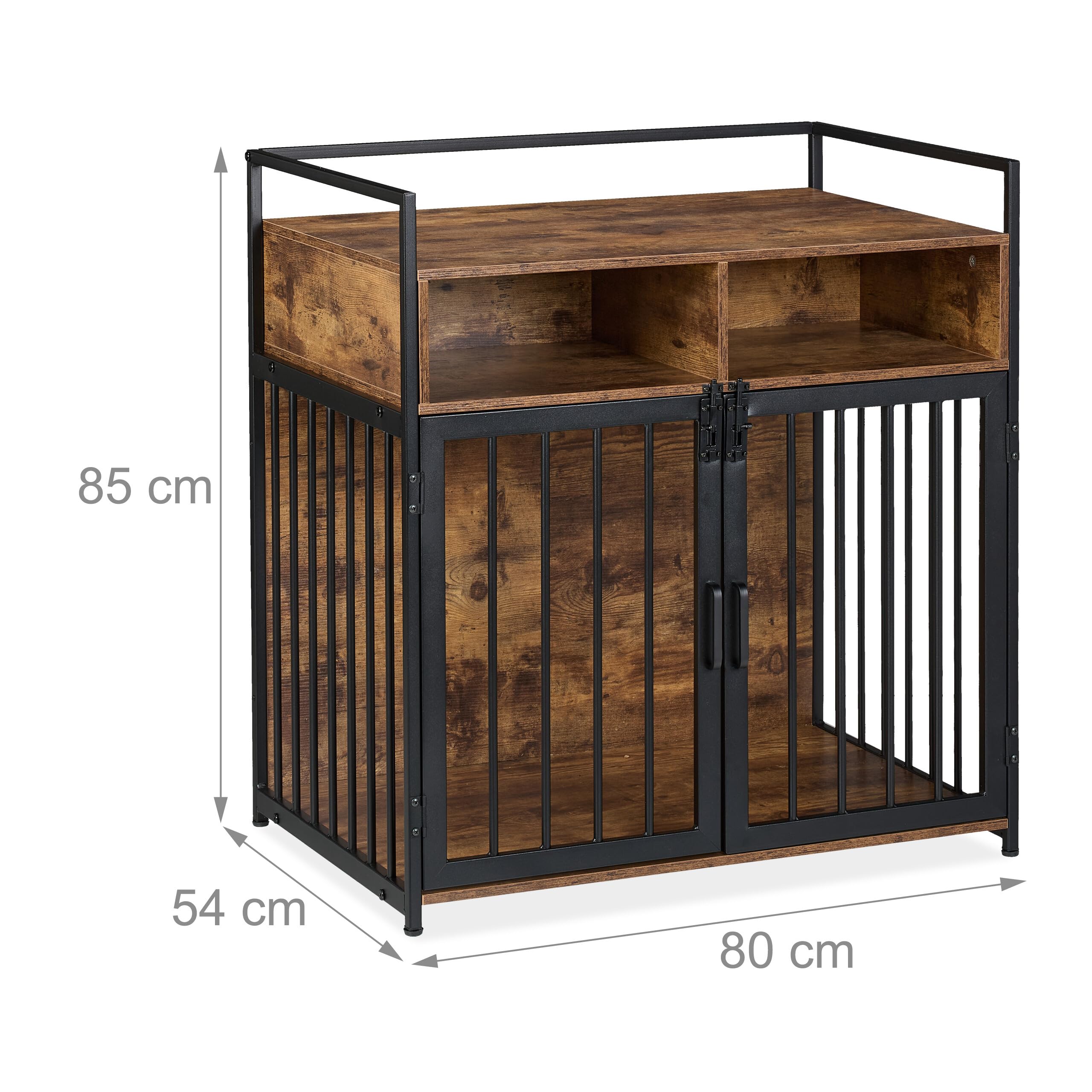 Relaxdays Hundekäfig im Möbelstil, HBT: 85x80x54 cm, Hundebox mit Ablage, 2 Türen, Hundeschrank Holzoptik, braun-schwarz