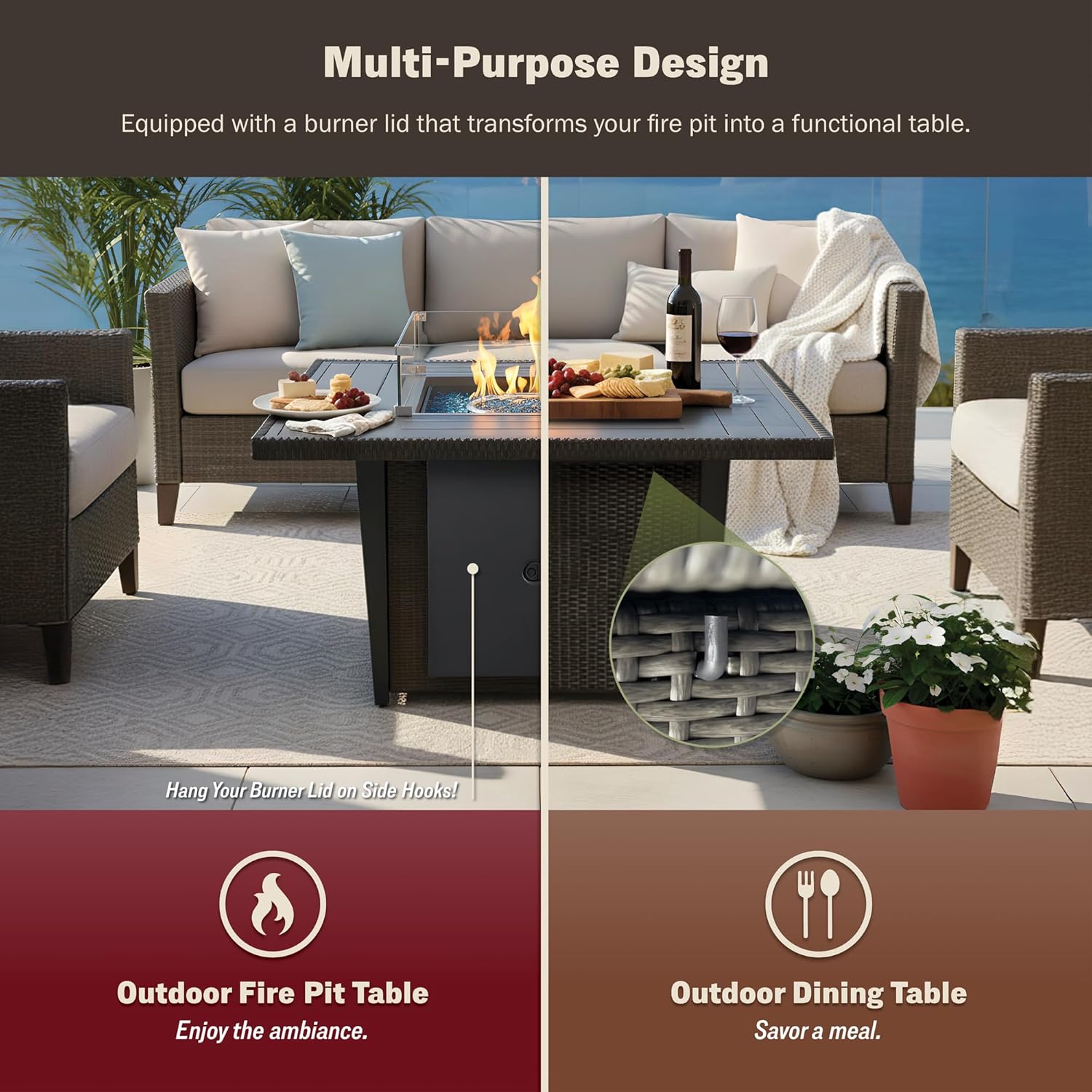 Kinger Home Ethan Rattan 42-Inch Propane Gas Fire Pit Table, Outdoor Patio Firepit, 50,000 BTU, Includes Wind Guard & Fire Glass
