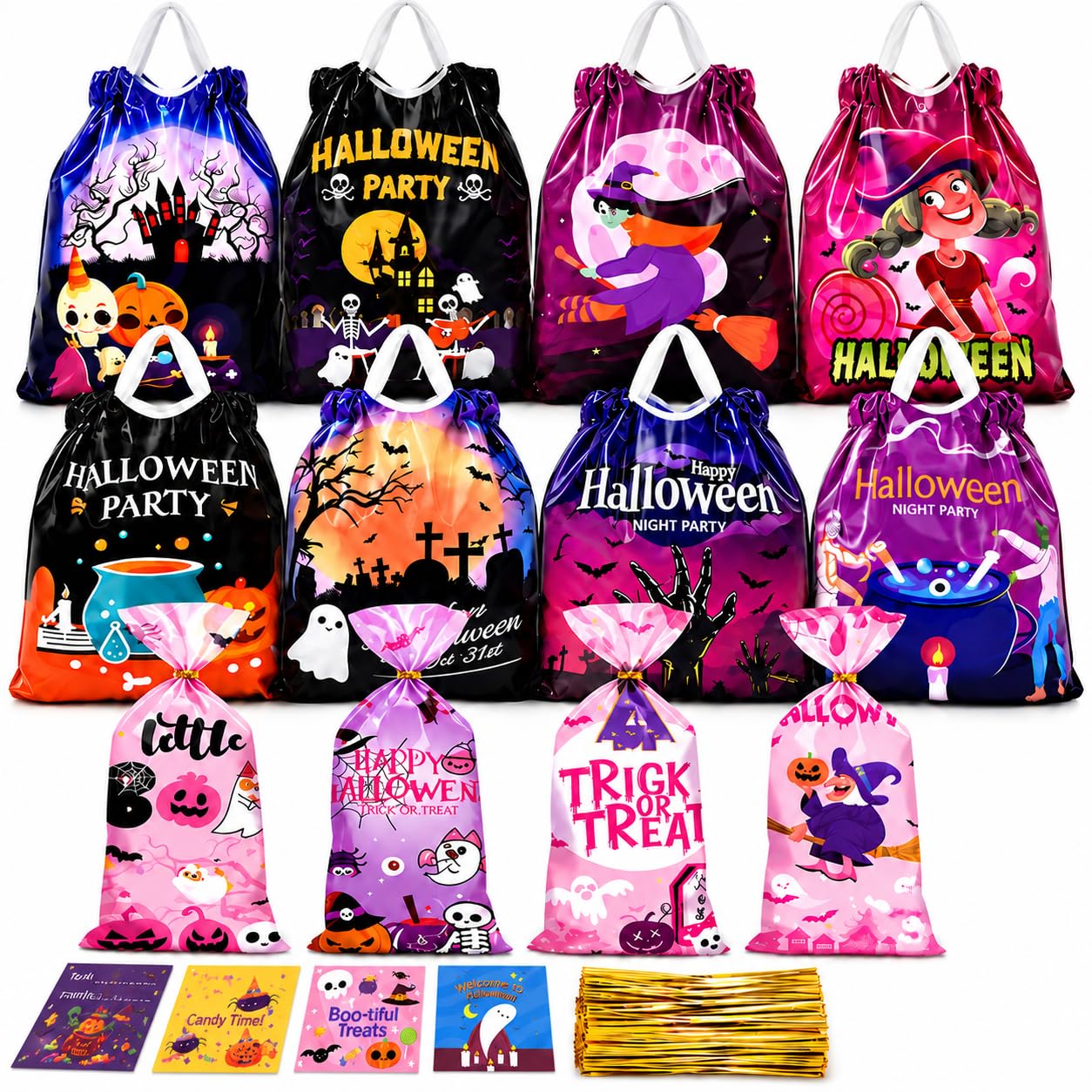 GENNICCI Confezione da 196 sacchetti per dolcetti di Halloween, 100 sacchetti lunghi per caramelle e 96 sacchetti con coulisse in 12 disegni con 200 etichette regalo, dolcetto o scherzetto bomboniere