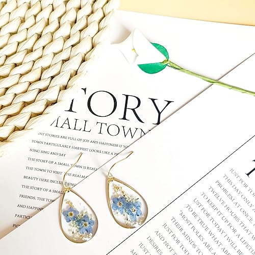 Miniatura 6 de AMEJEW Aretes de flores silvestres prensadas Forget-Me-Not Aretes colgantes para mujeres y niñas Pendientes de flores prensadas con lágrima de