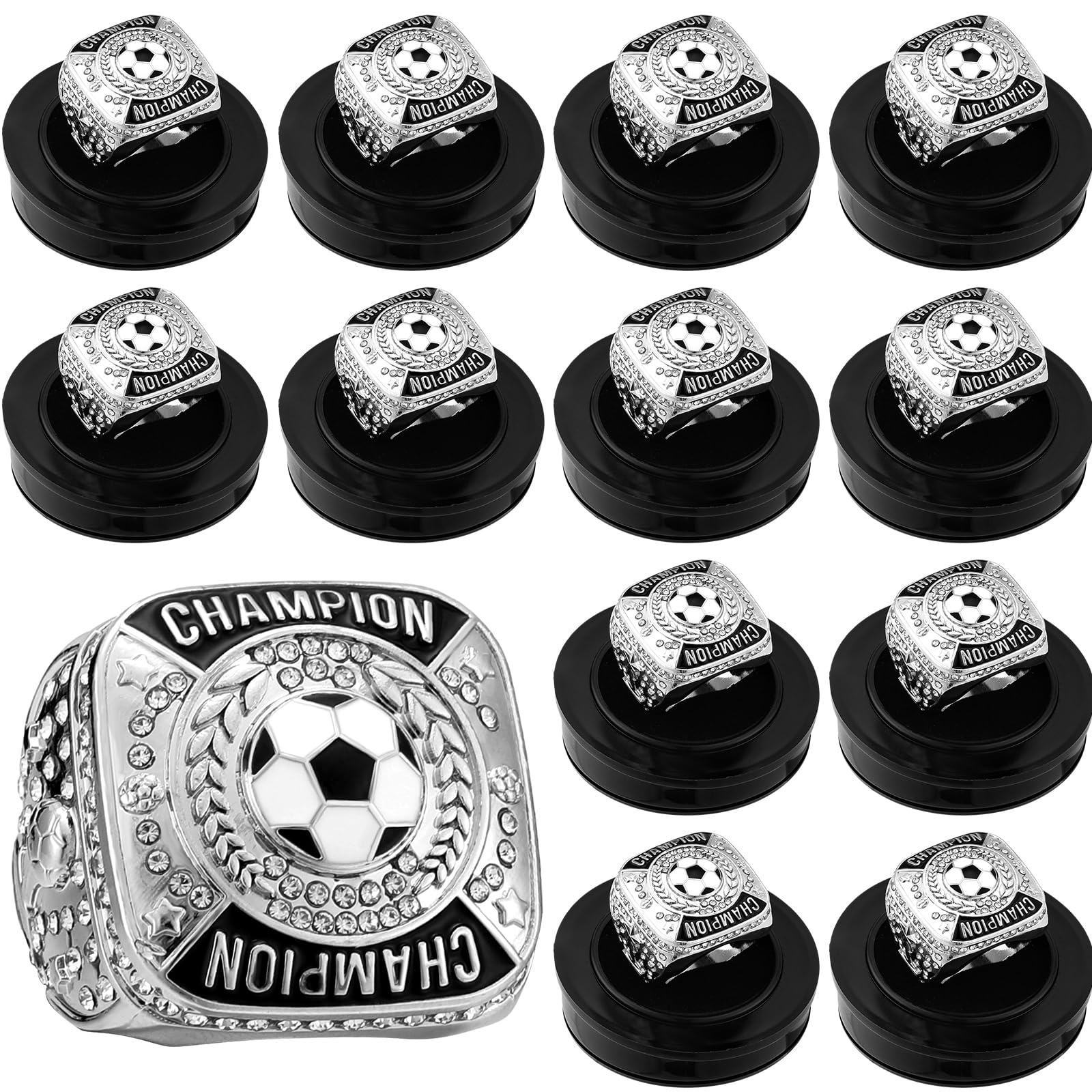 Landical 12 Pcs Soccer Championship Rings with Display Stand Chain