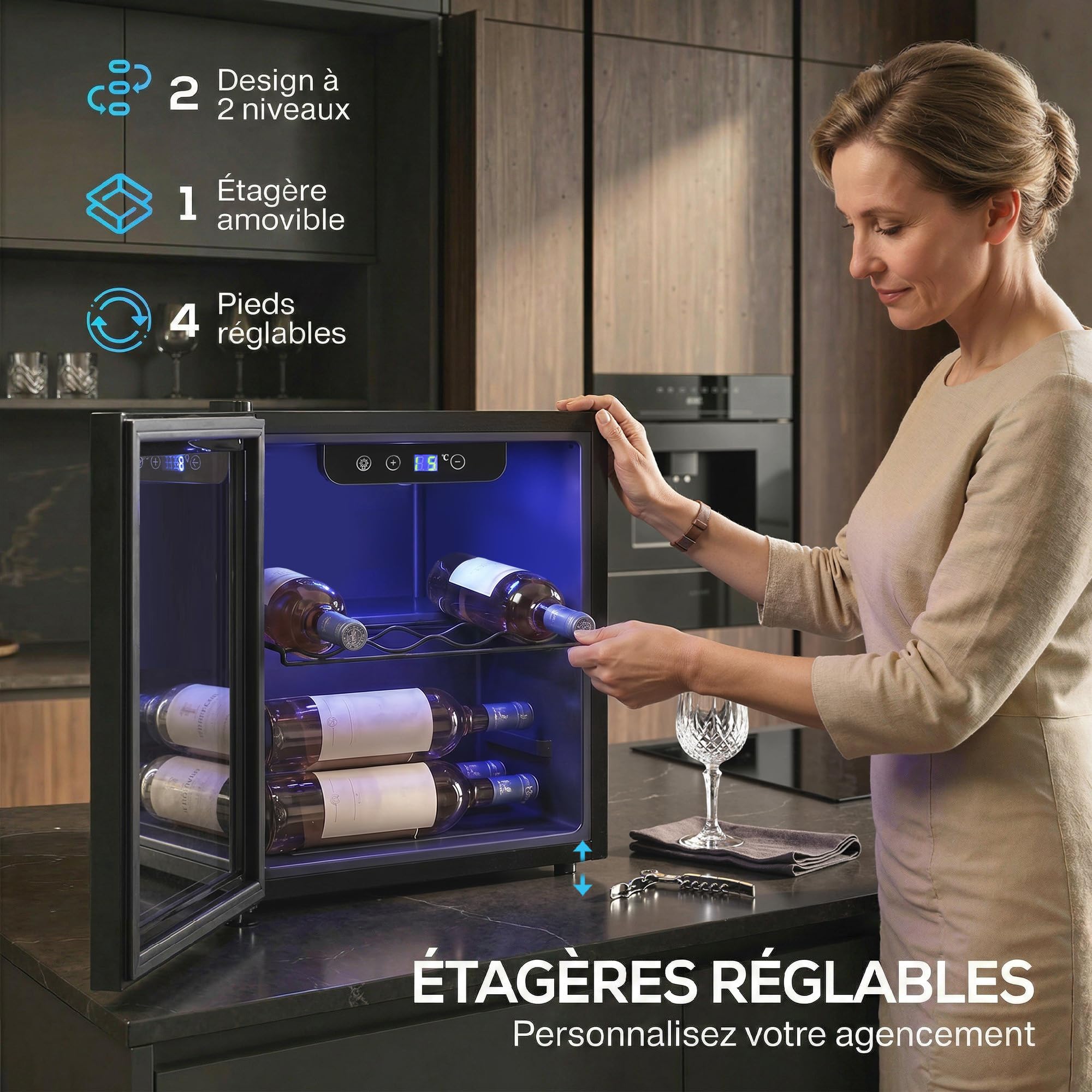 HOMCOM Cave à Vin 12 Bouteilles 36L, Réfrigérateur à Vin avec Température Réglable 4-16°C, Porte Réversible en Verre Trempé, Noir
