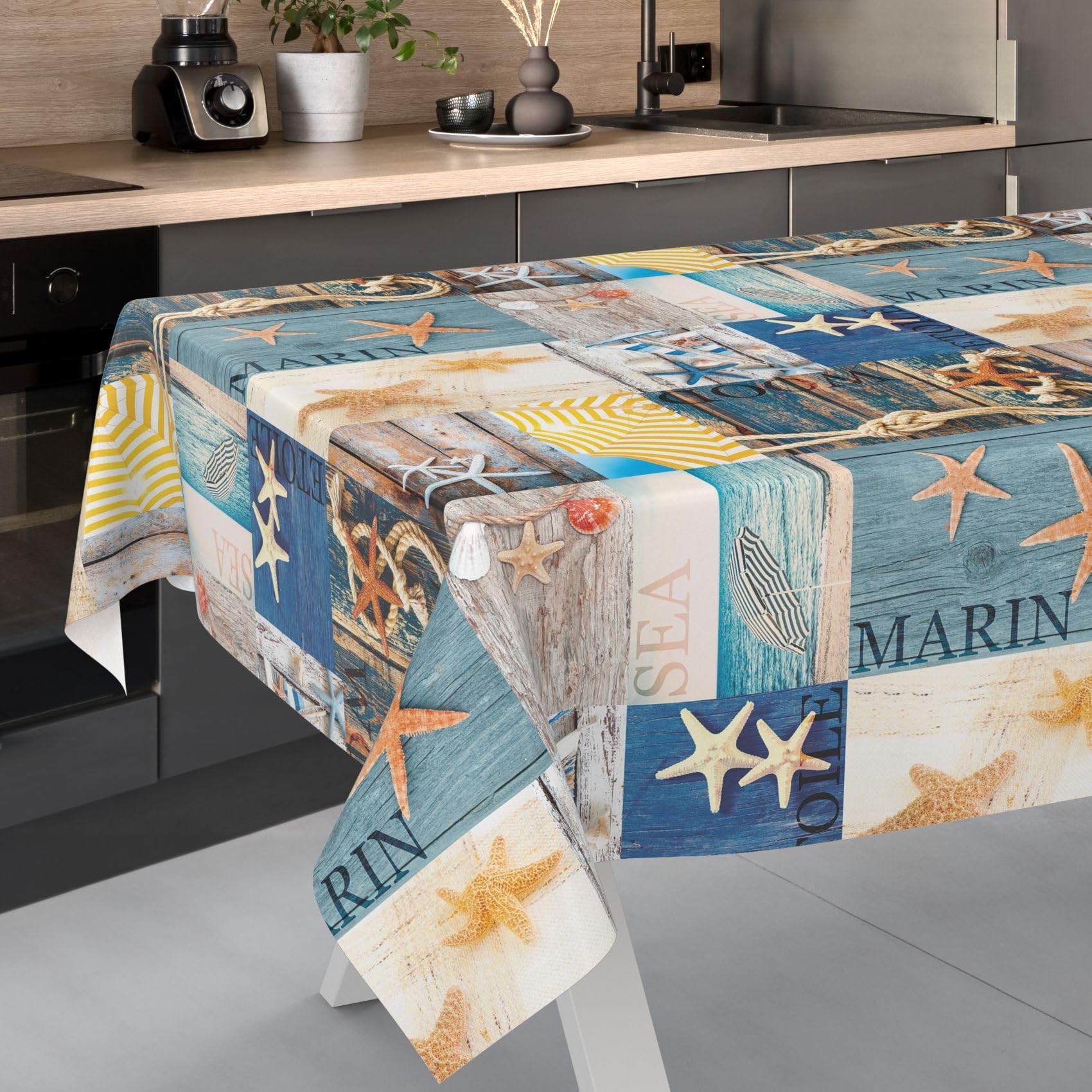 ANRO Mantel de hule lavable, para jardín, redondo, ovalado, rectangular, diseño marítimo, 400 x 140 cm, borde de corte