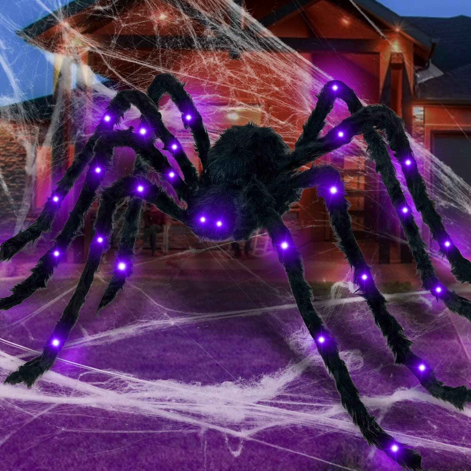 4.9Ft Halloween Decorations Outside Giant Spider, Outdoor Halloween Decor Lighted Spider,Light Up Spider with 26 LED Lights, Battery Operated Scary Fake Spider for Front Yard Porch Gardens Lawns Party