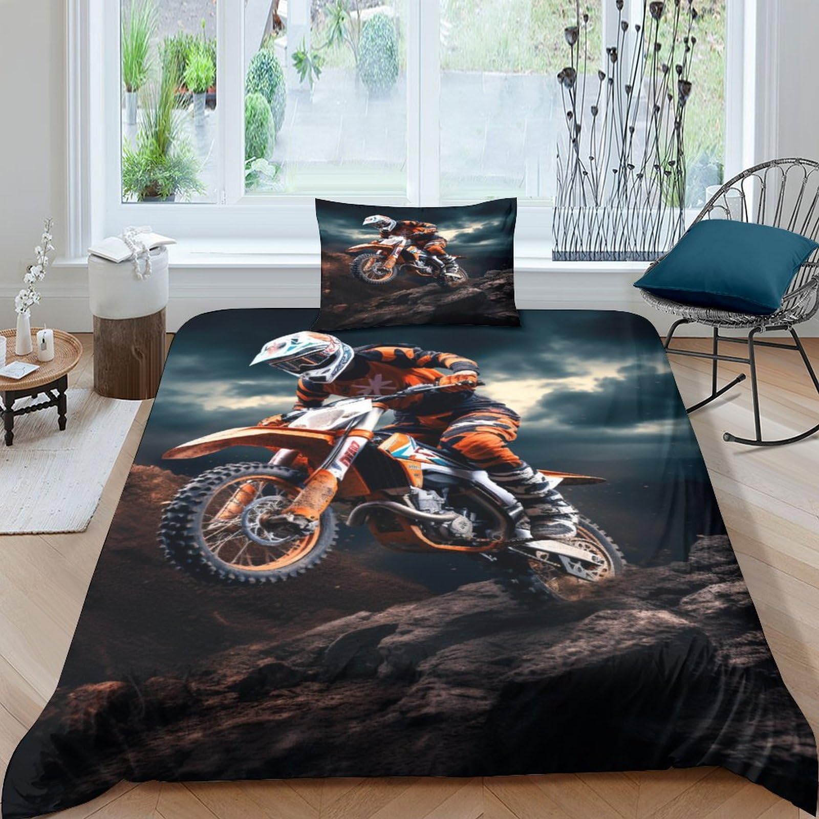 Housse de couette moto 3D parure de lit 3 pièces microfibre avec fermeture éclair pour chambre 135x200
